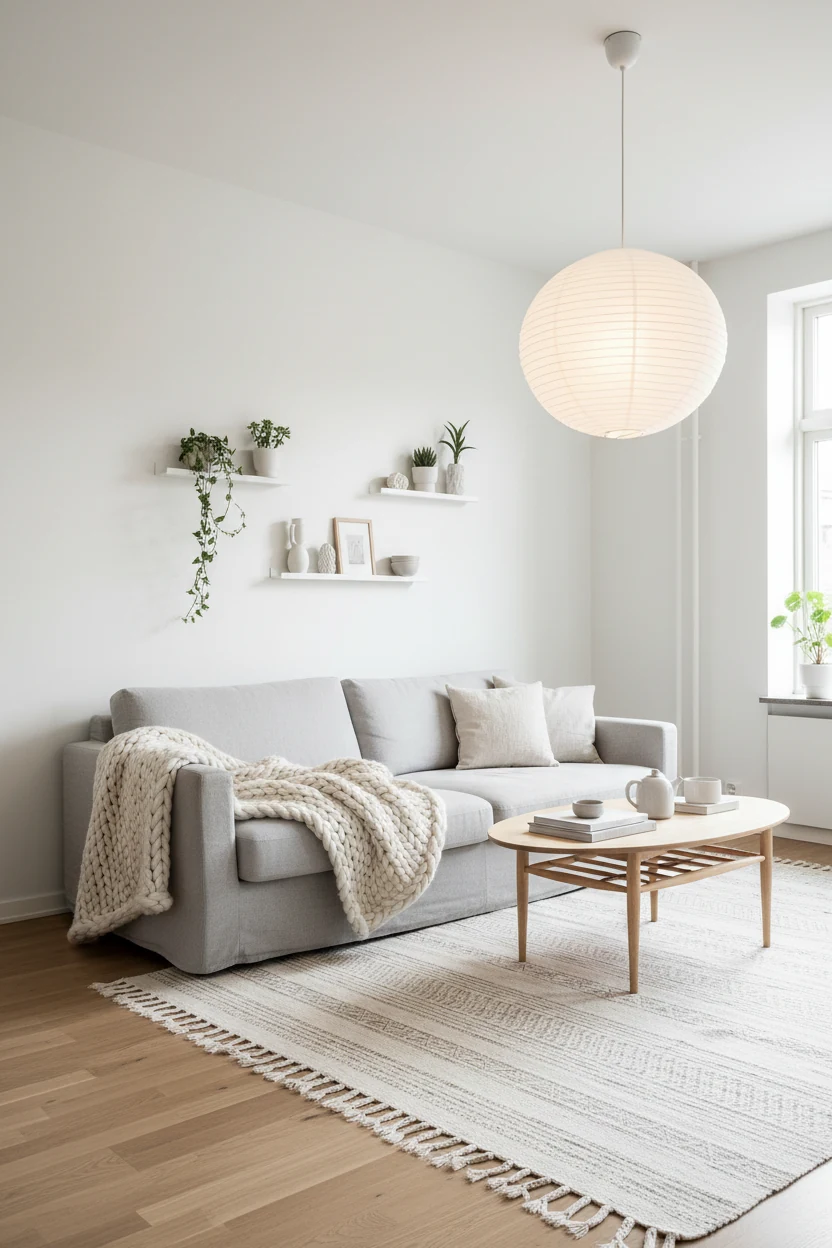Wide-angle daylight interior of a serene Scandinavian-inspired living room with white walls, pale grey slipcovered sofa,