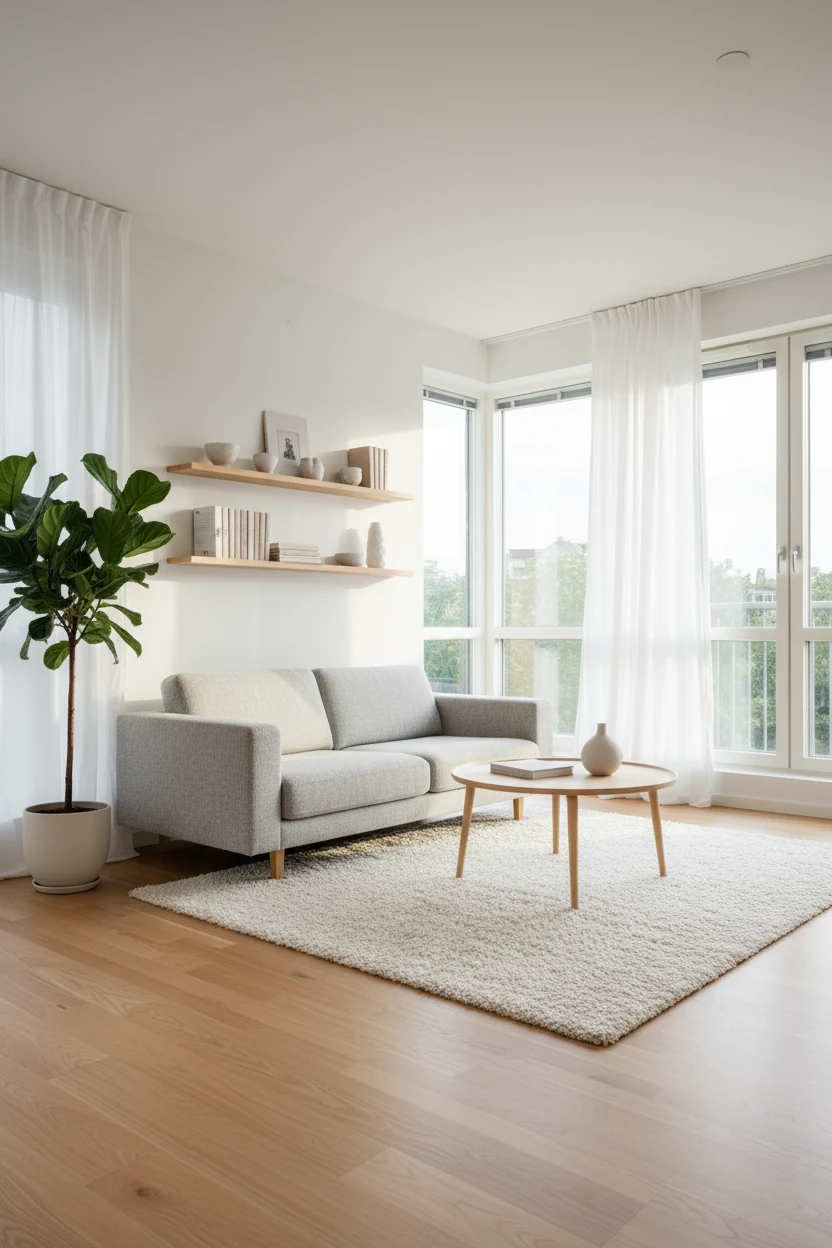 Wide angle shot of a Scandinavian-inspired studio apartment living zone, white walls glowing with abundant natural sunli