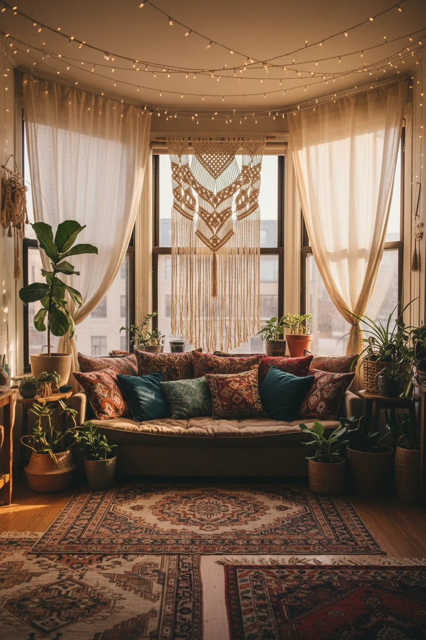 Wide-angle view of an eclectic boho apartment nook bathed in warm sunlight, sheer flowy curtains along tall windows, thr