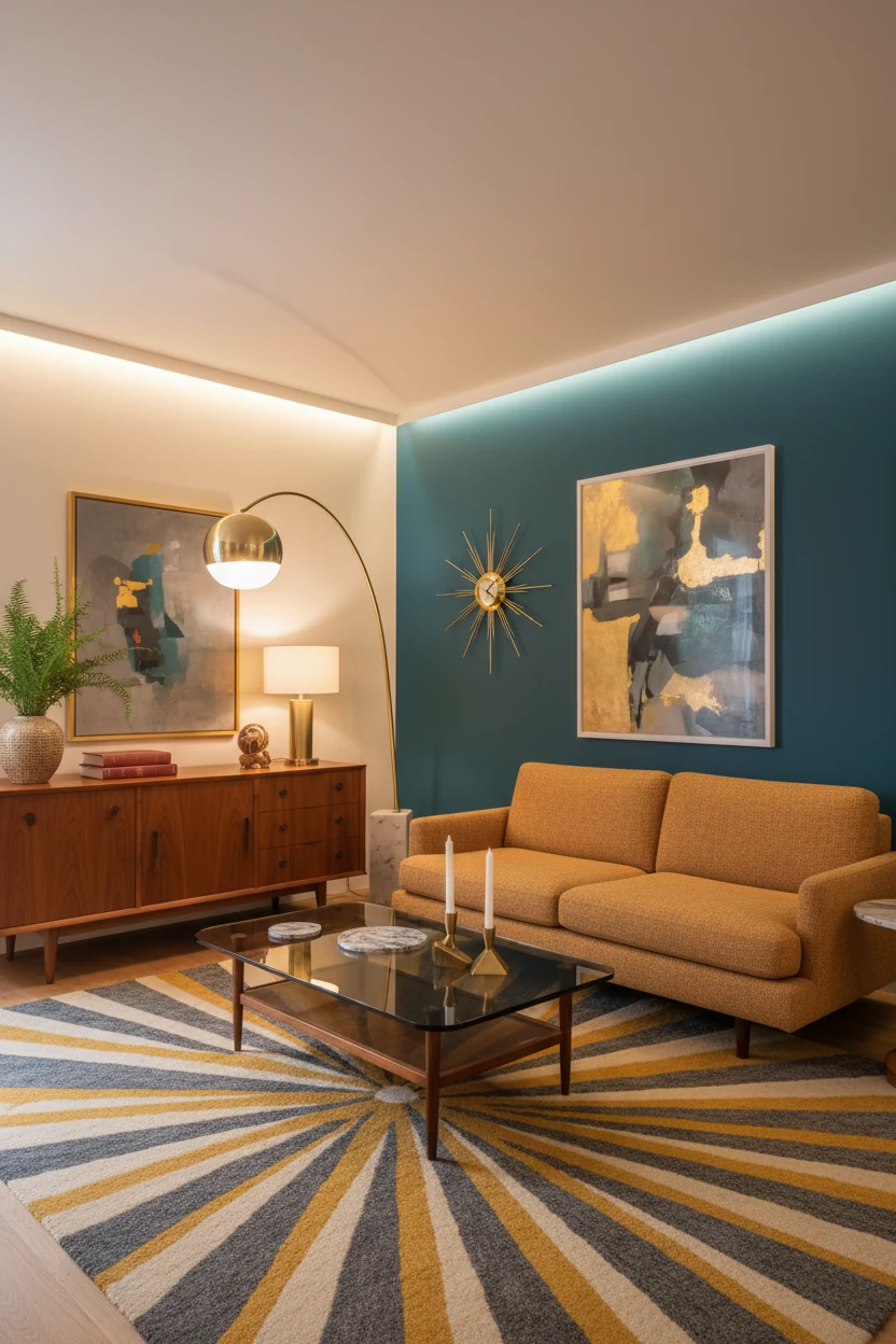 1. Wide corner-angle shot of an atomic glam living room: creamy walls with a deep teal accent behind a walnut teak crede