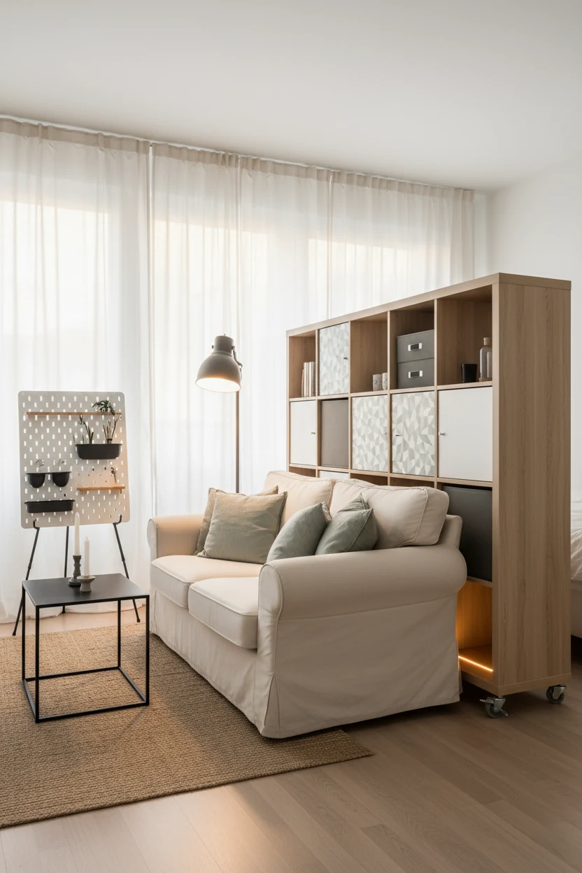 1. Wide corner-angle, photorealistic Scandi studio: KLIPPAN loveseat in a neutral slipcover, LACK coffee table, LOHALS j