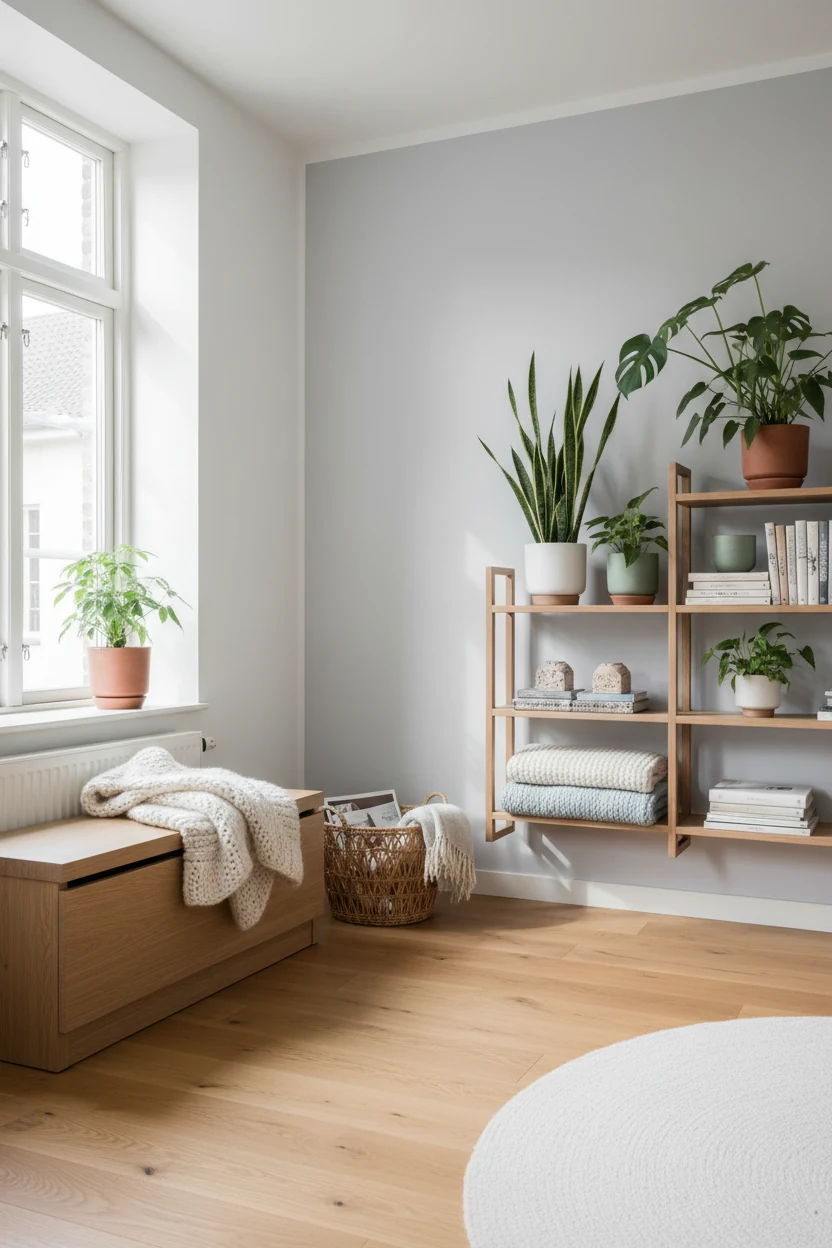 Wide-angle view of a Scandinavian-inspired living room corner with white and pale gray walls, honey-toned oak flooring, 