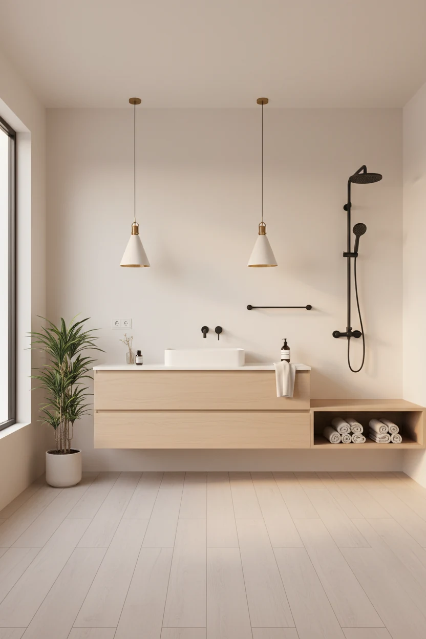 Wide-angle shot of a Scandinavian-inspired apartment bathroom with soft warm white walls, a pale oak vanity with clean l