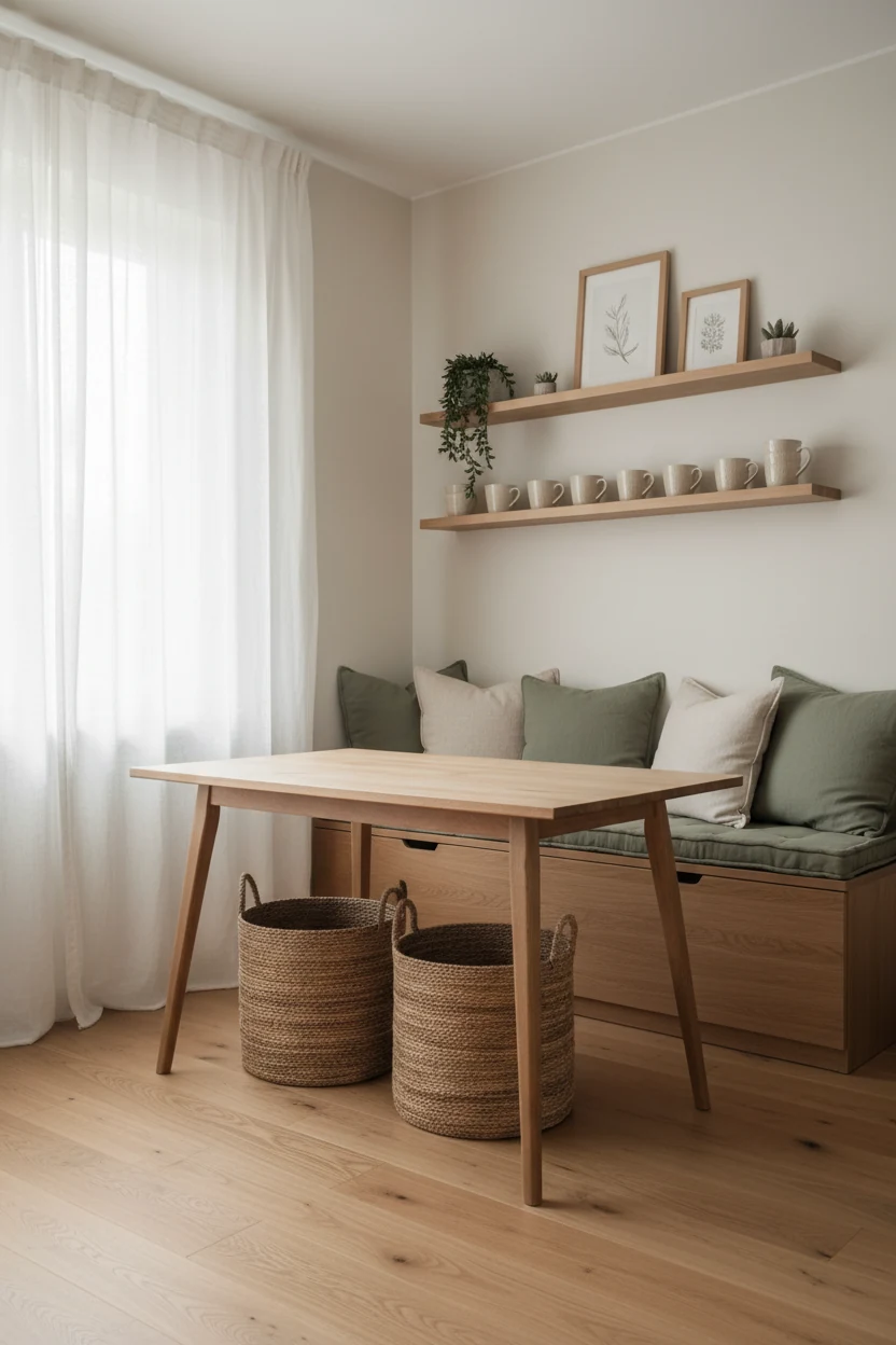 Wide-angle view of a cozy Scandinavian nook with pale off-white walls and light oak flooring, a slim natural wood dining