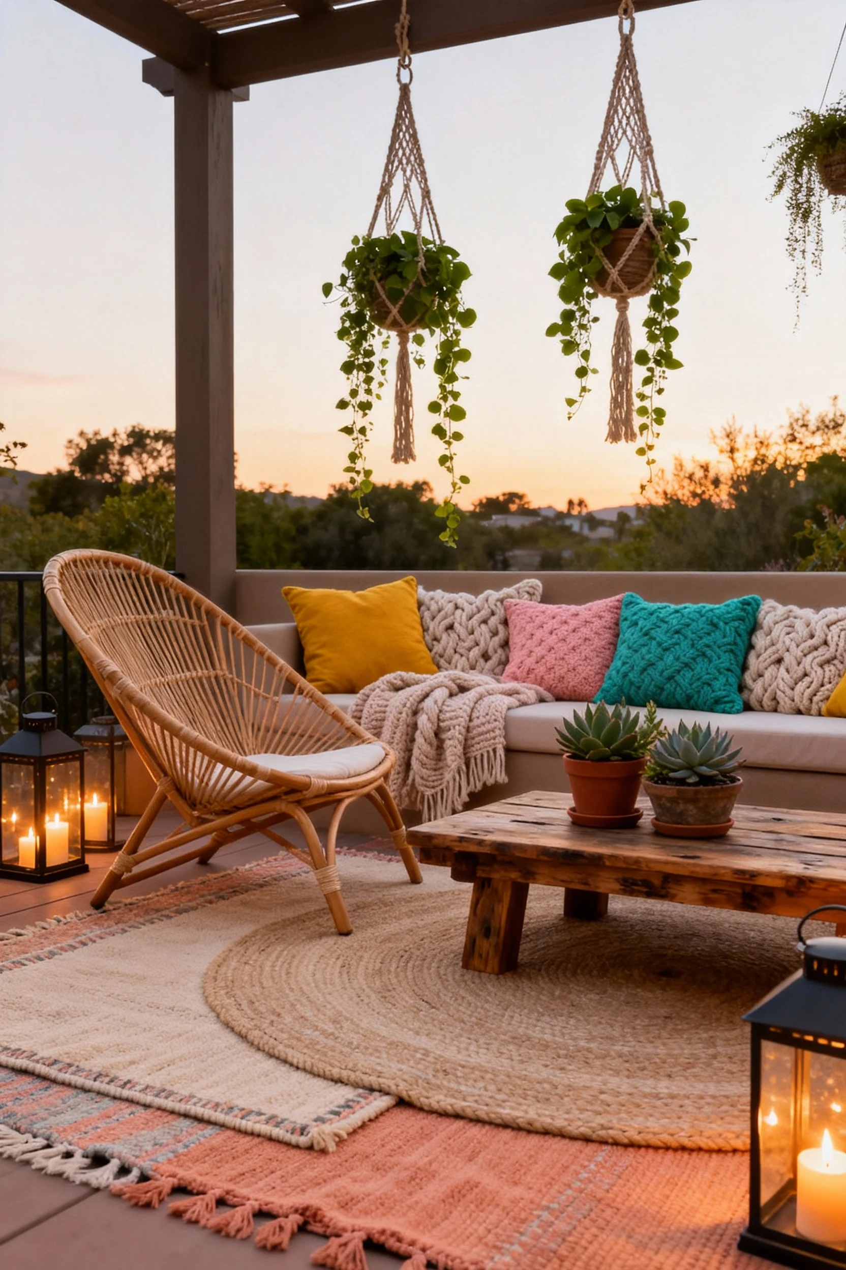 A wide-angle view of a small boho-chic patio filled with warm earth tones, layered woven rugs in soft beige and faded te