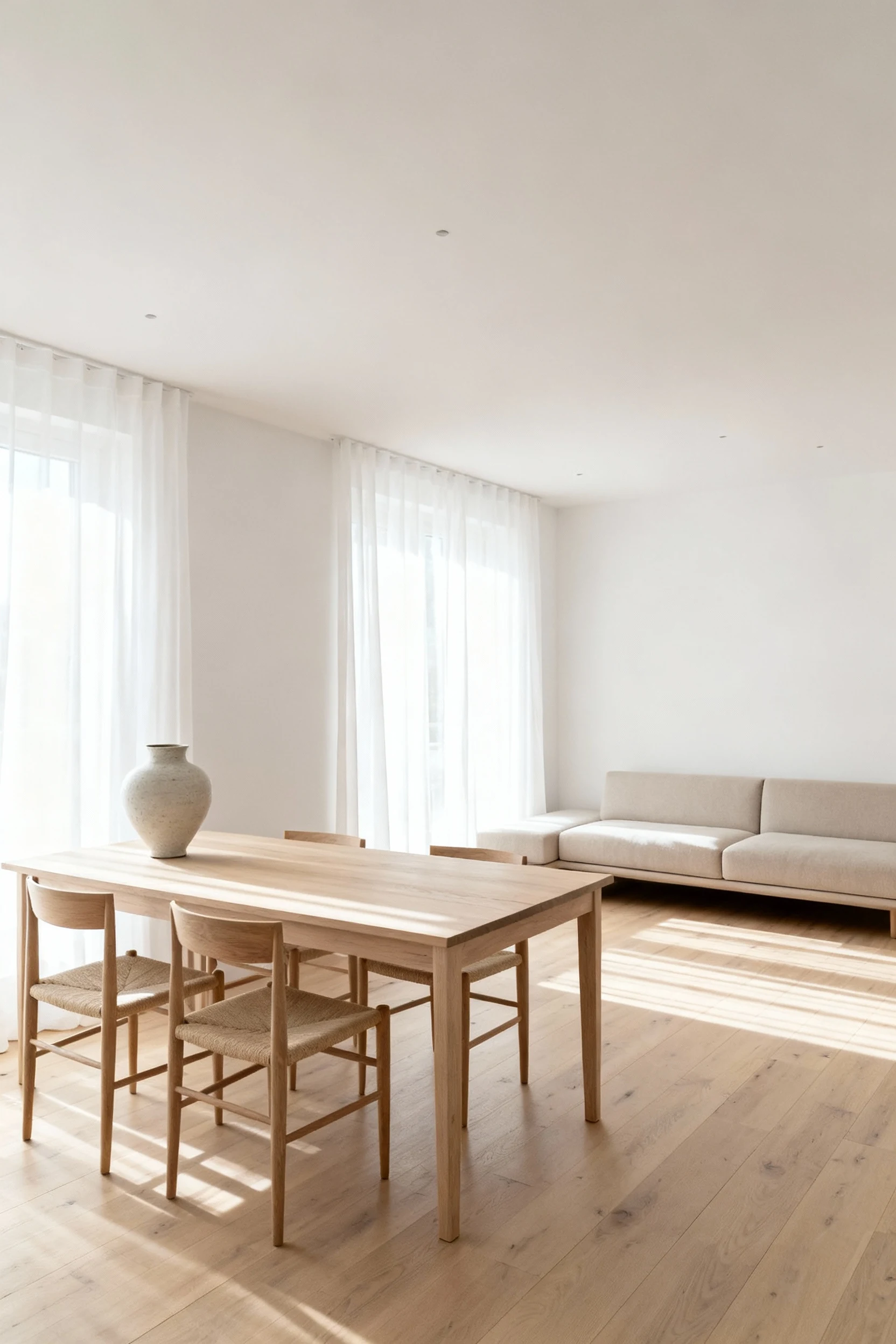 Wide-angle view of a Scandinavian-style studio apartment with soft matte white walls, pale oak dining table, low-profile
