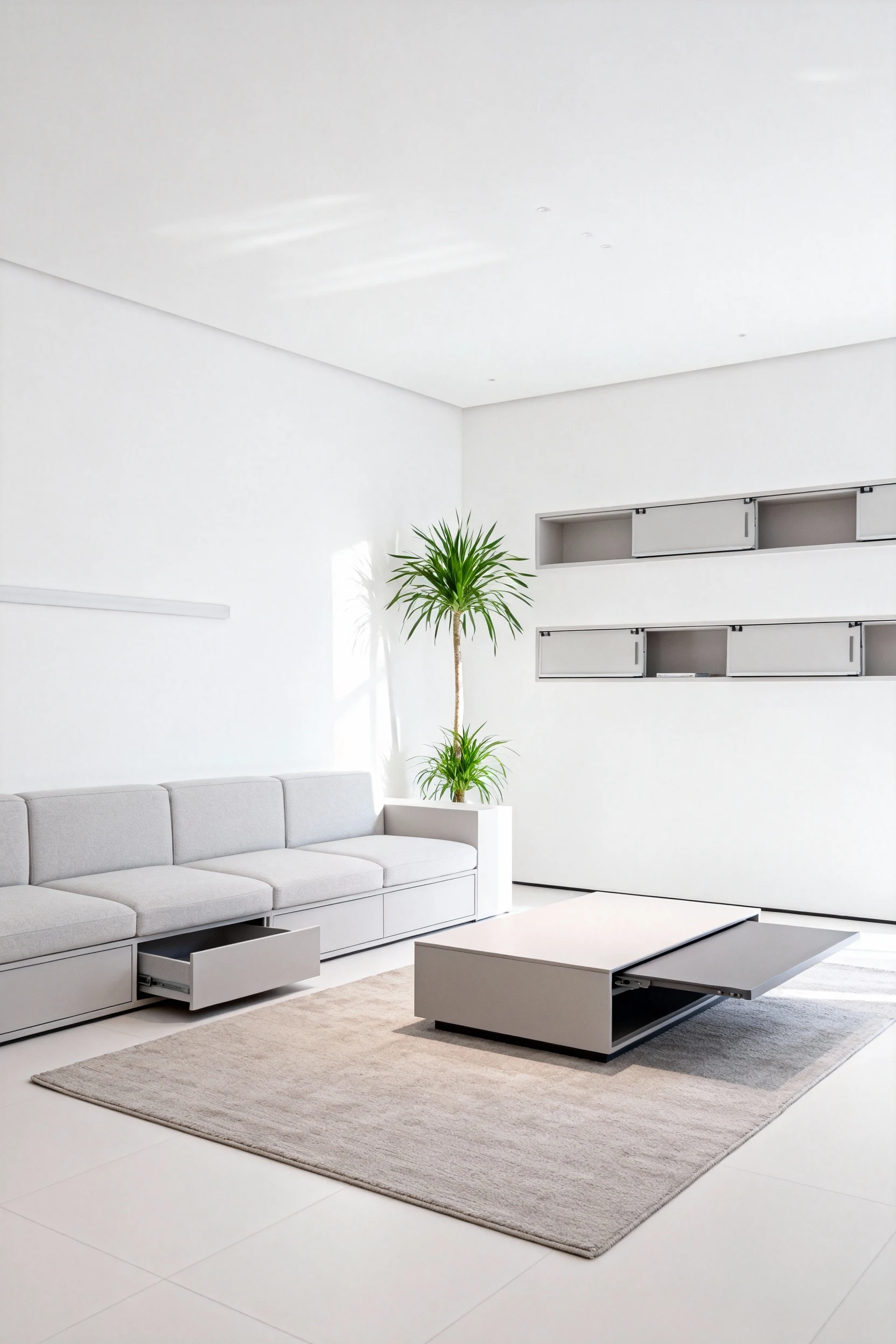 Wide-angle view of a modern minimalist living room in all-white and soft gray, with a low-profile sectional against one