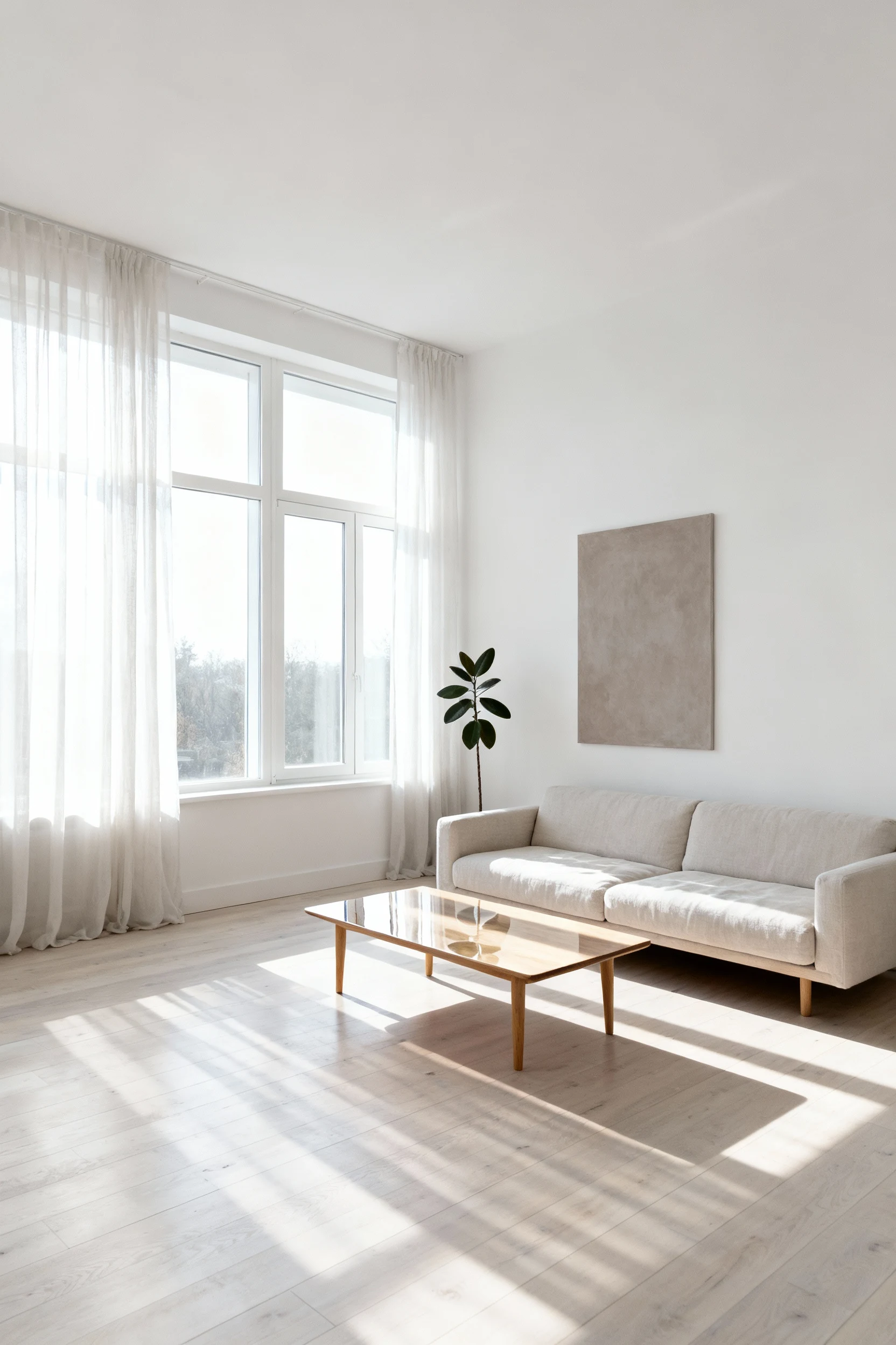 Wide-angle view of a Scandinavian minimalist living room with crisp white walls, pale ash wood floors, a low-profile lig
