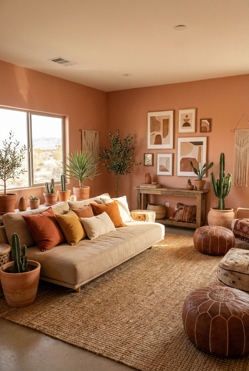 Wide photorealistic shot of a boho desert-inspired living room with terracotta blush walls glowing in warm morning sunli
