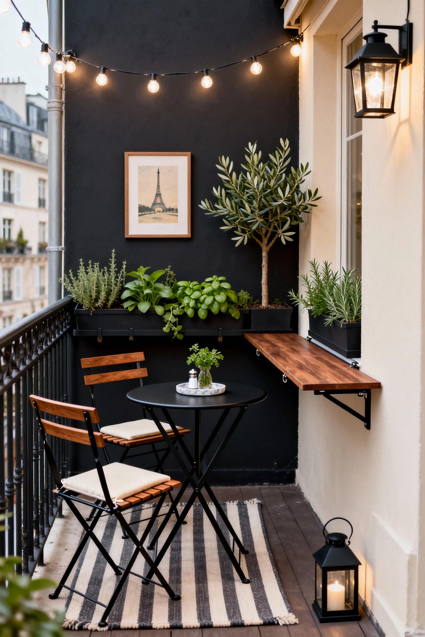 Medium, straight-on shot of a tiny Parisian bistro nook on a small balcony: black powder-coated metal folding bistro tab