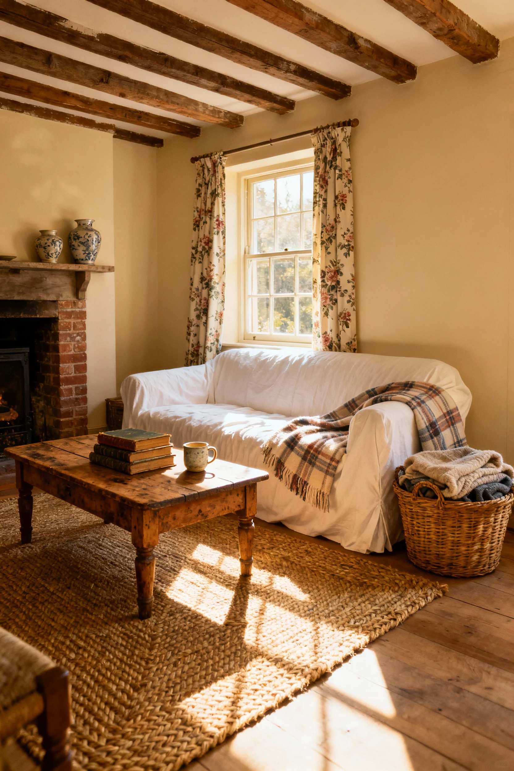 Wide-angle shot of a cozy cottage-style living room with a white slipcovered loveseat draped in soft plaid throw blanket