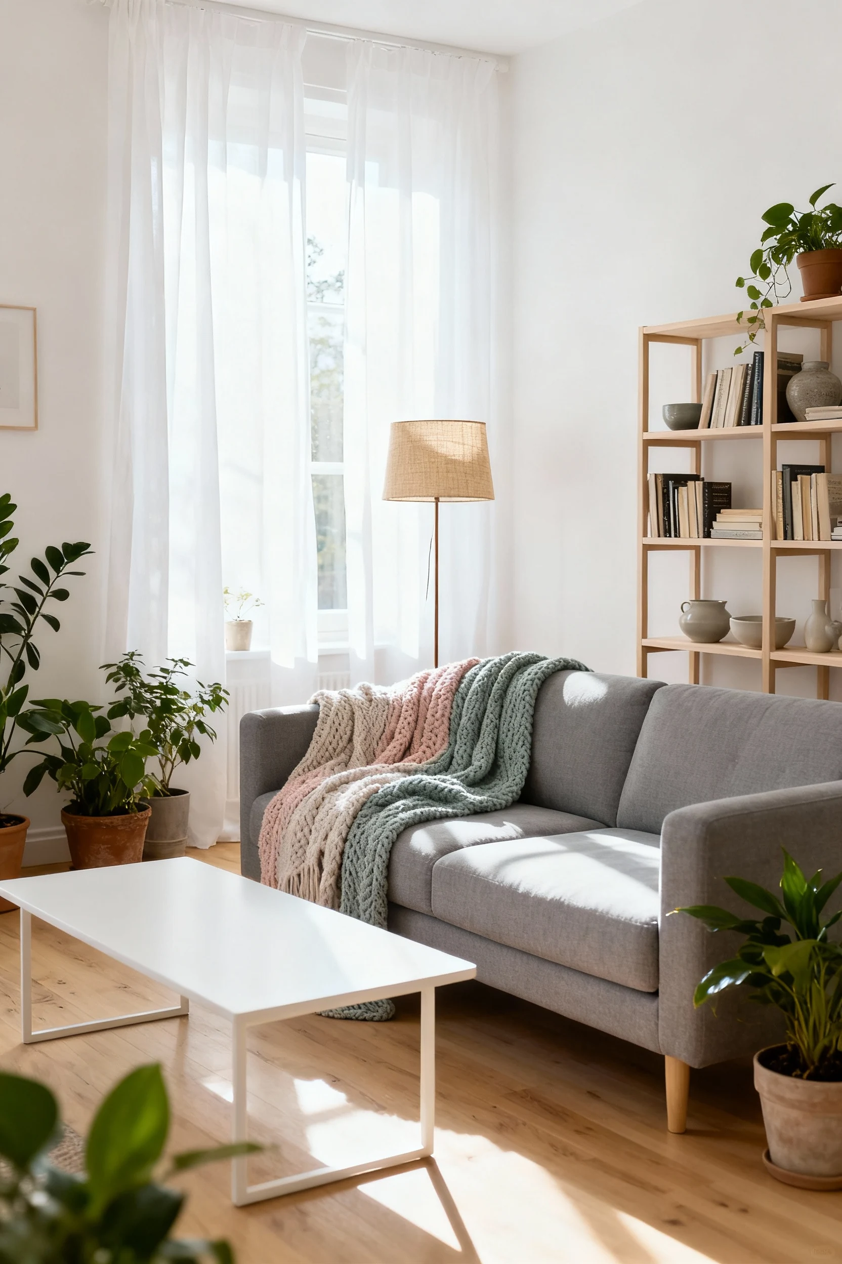 Wide-angle view of a Scandinavian-inspired studio apartment living area with buttery white walls, pale oak wood floors, 