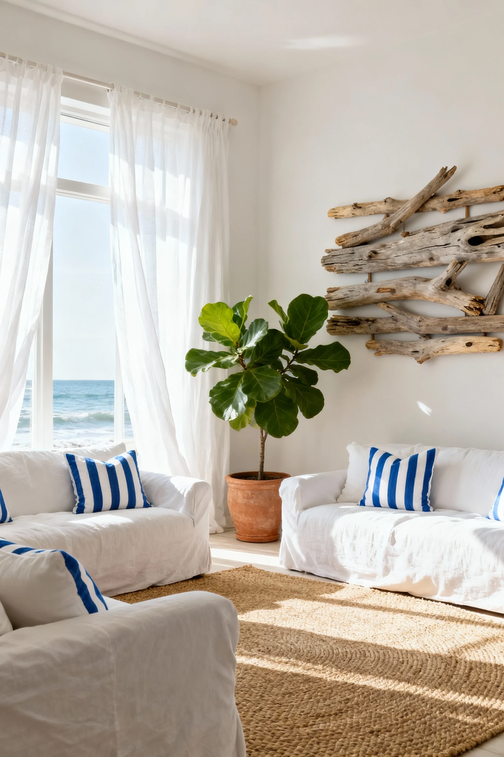 Wide, airy living room in coastal style with white slipcovered sofas, sheer white curtains billowing by a sunlit window,