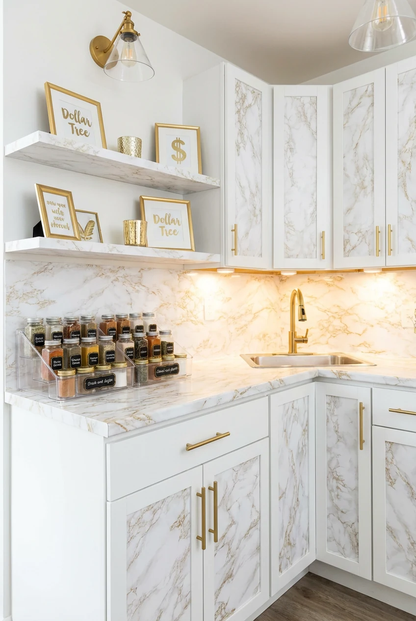 1. Photorealistic wide, straight-on shot of a small urban-glam kitchen with white cabinetry and counters wrapped in faux