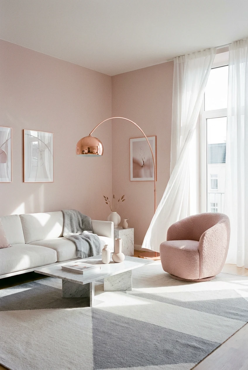 Photorealistic wide corner-angle shot of a blush minimalist living room: whisper-blush walls, low-profile white sofa, sl