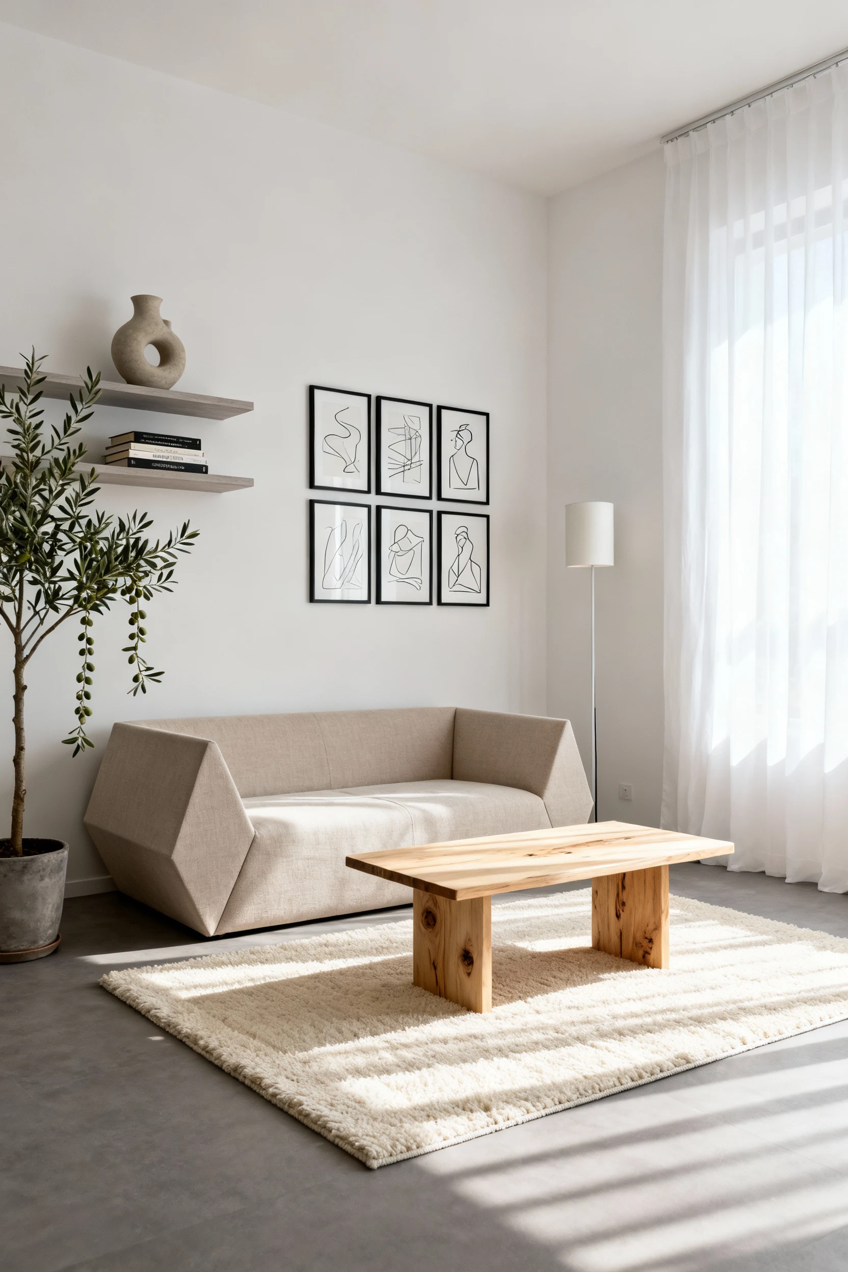 Wide-angle daytime shot of a minimalist Scandinavian-style apartment living room with white walls featuring warm-gray un