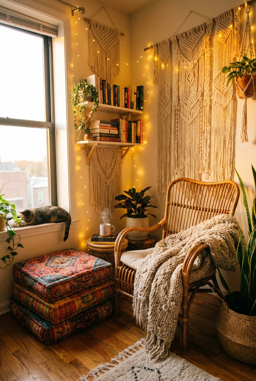 Wide-angle view of a cozy boho reading nook in a small apartment corner, featuring a rattan chair beside a stack of patt