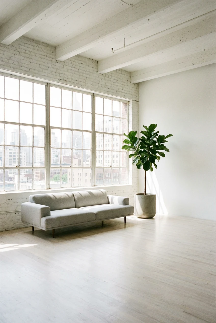 Wide-angle shot of a minimalist NYC loft with bright white walls, a low-profile modern sofa in light grey, and a single 