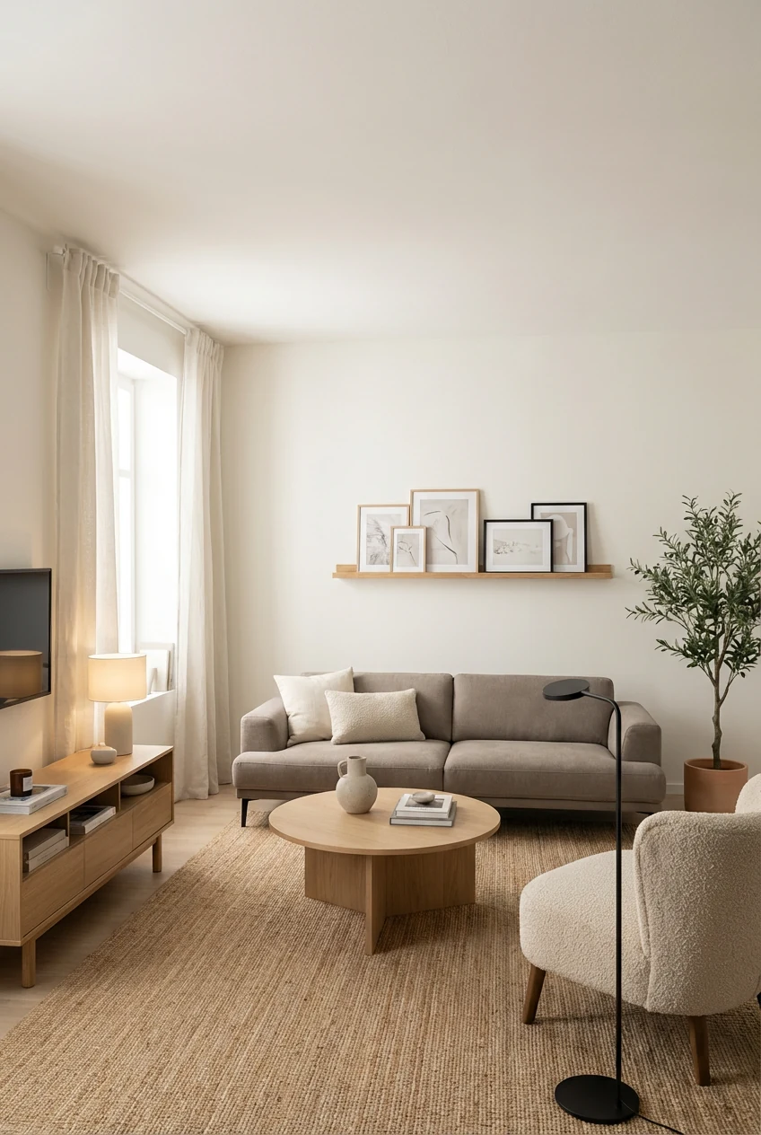 Photorealistic wide room shot, straight-on view of a warm minimalist living room with a low-profile taupe sofa, light oa