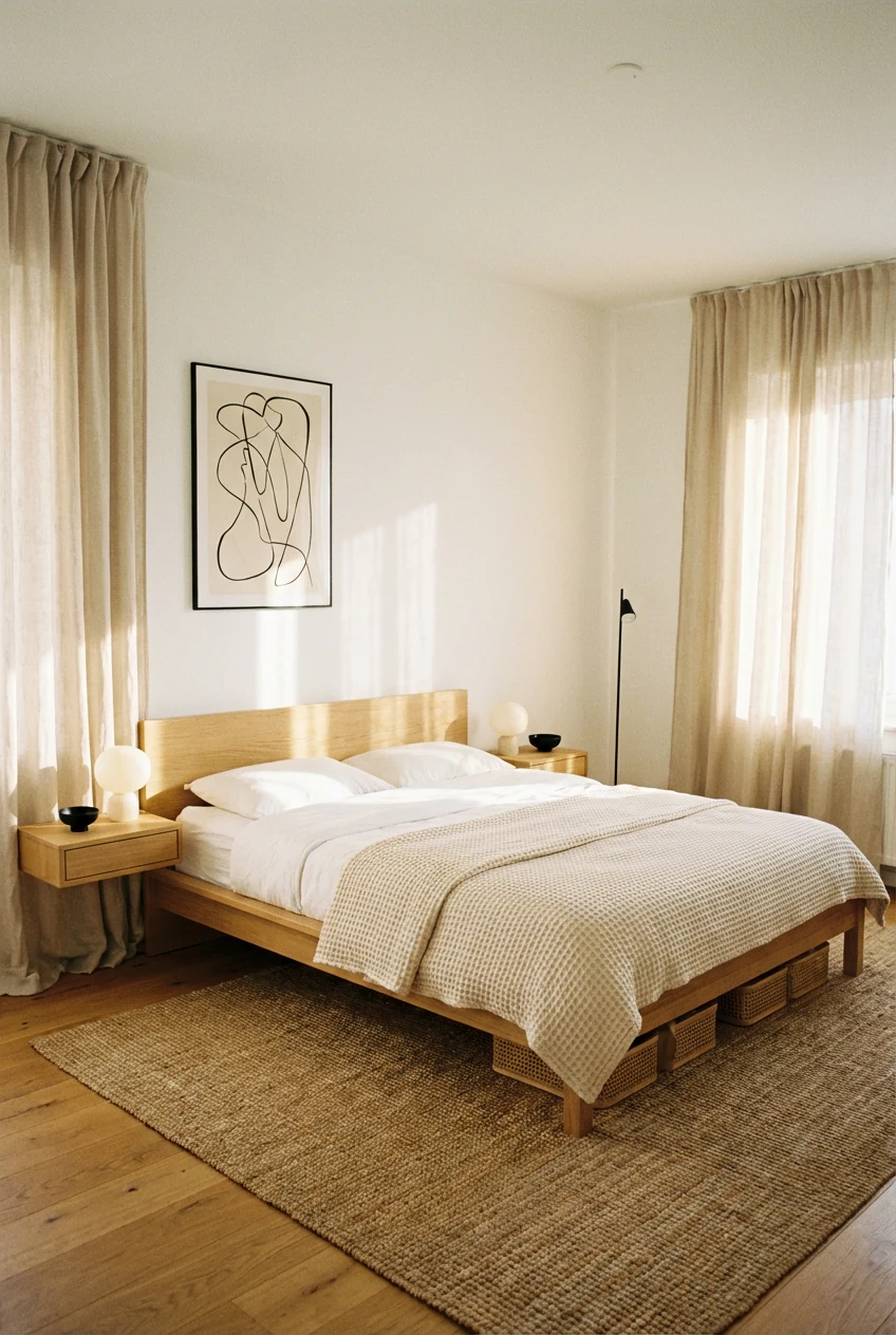 1. Wide corner-angle photorealistic minimalist apartment bedroom in warm whites, cream, light oak with black accents: lo