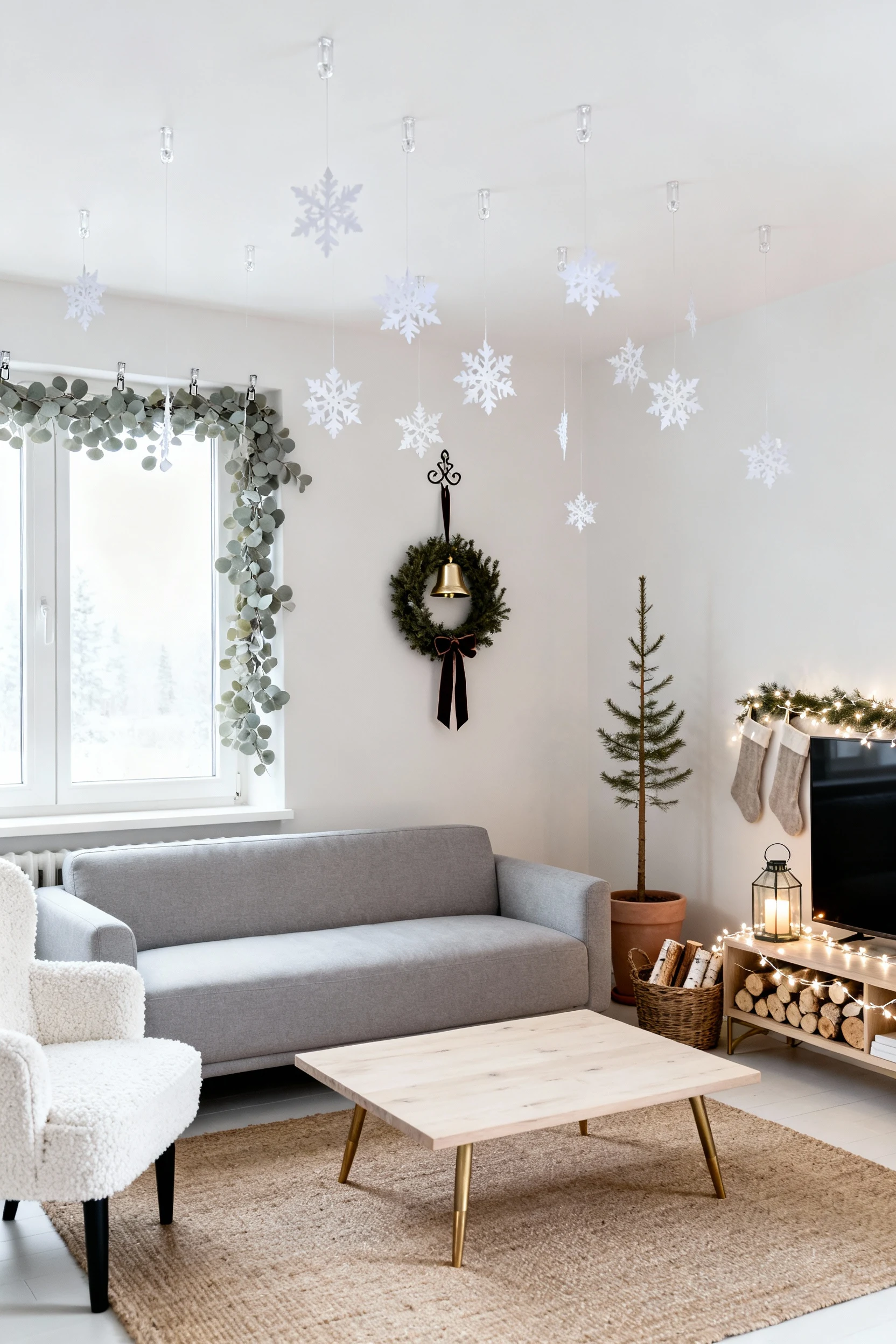 1. Wide, straight-on shot of an airy Nordic living room in ivory, cloud gray, soft taupe with matte black and brushed br