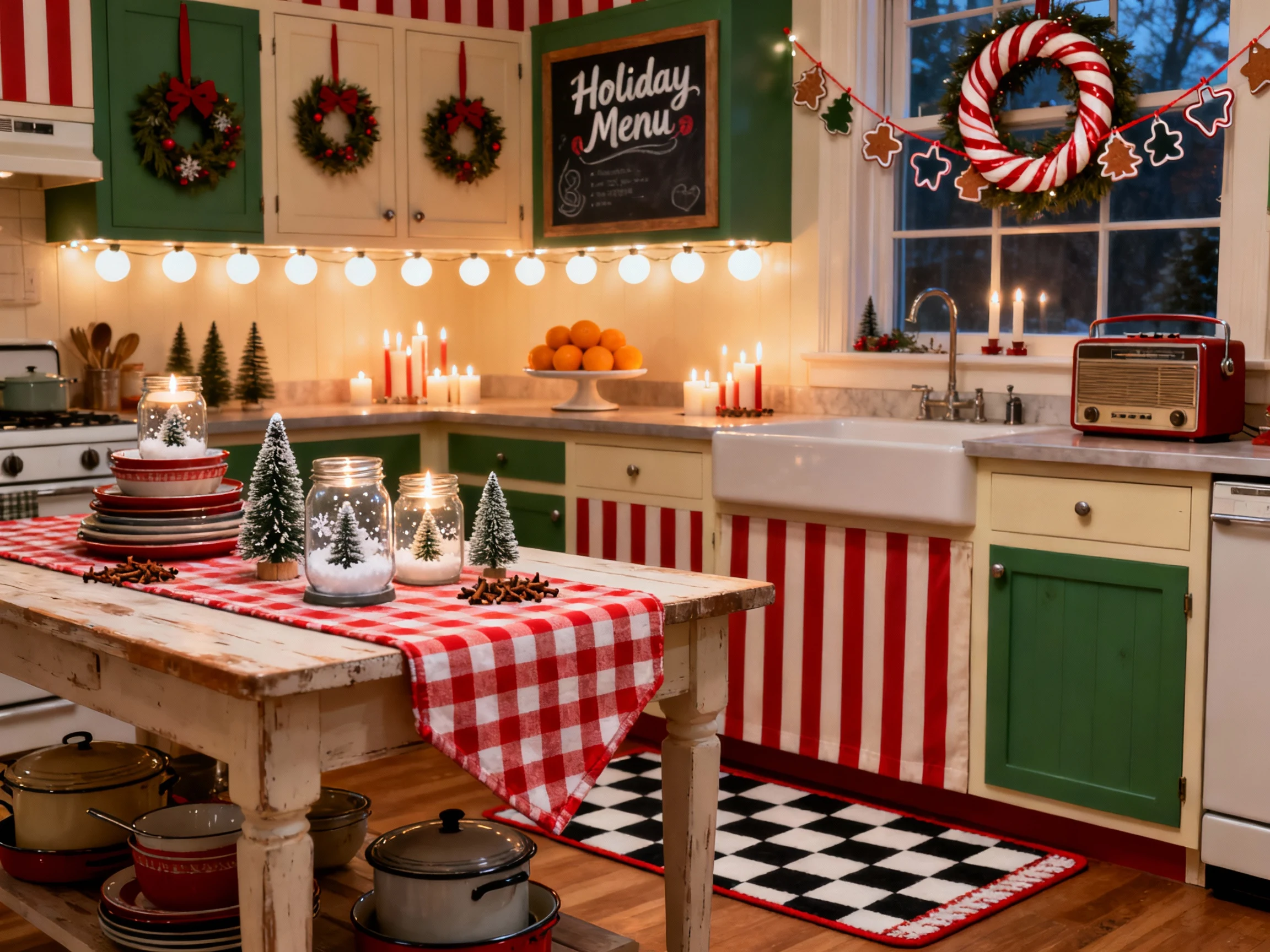 Photorealistic medium corner-angle shot of a retro candy‑stripe kitchen in cherry red, pine green, and cream with black‑