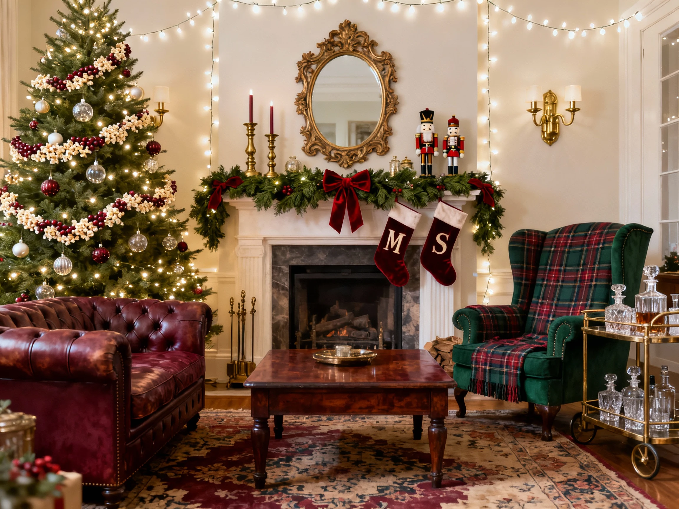 Medium straight-on shot of a Vintage Plaid & Cranberry parlor in deep cranberry, hunter green, cream, and aged brass: a 
