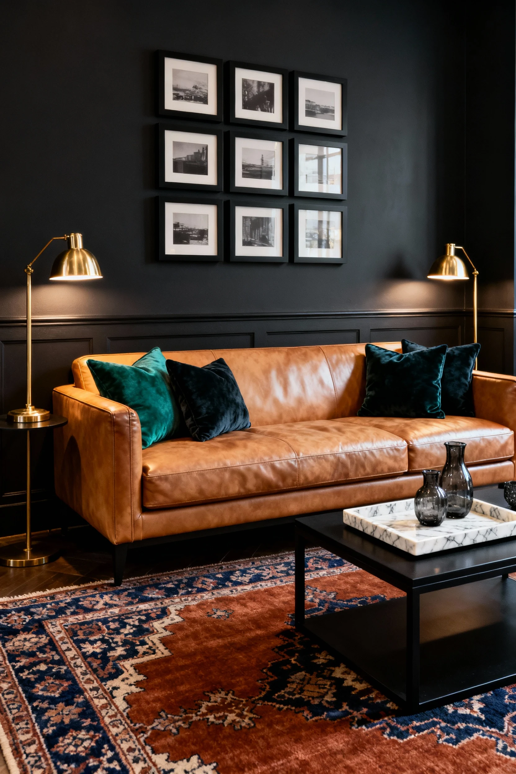 2. Medium shot, straight-on, photorealistic: charcoal accent wall behind a camel leather sofa, brass table lamps casting