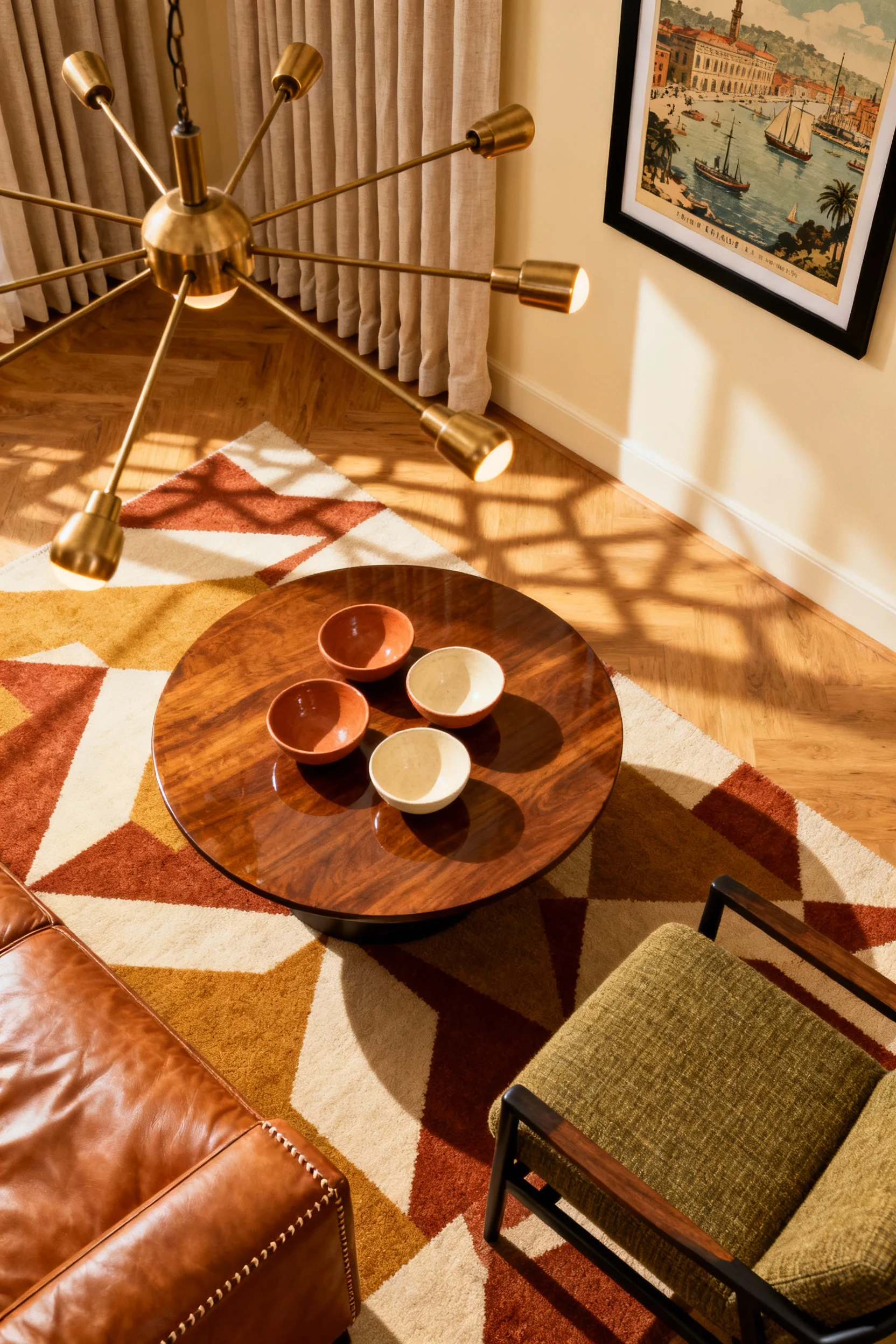 Photorealistic overhead detail: round walnut coffee table styled with ceramic bowls atop a geometric rug in rust, mustar