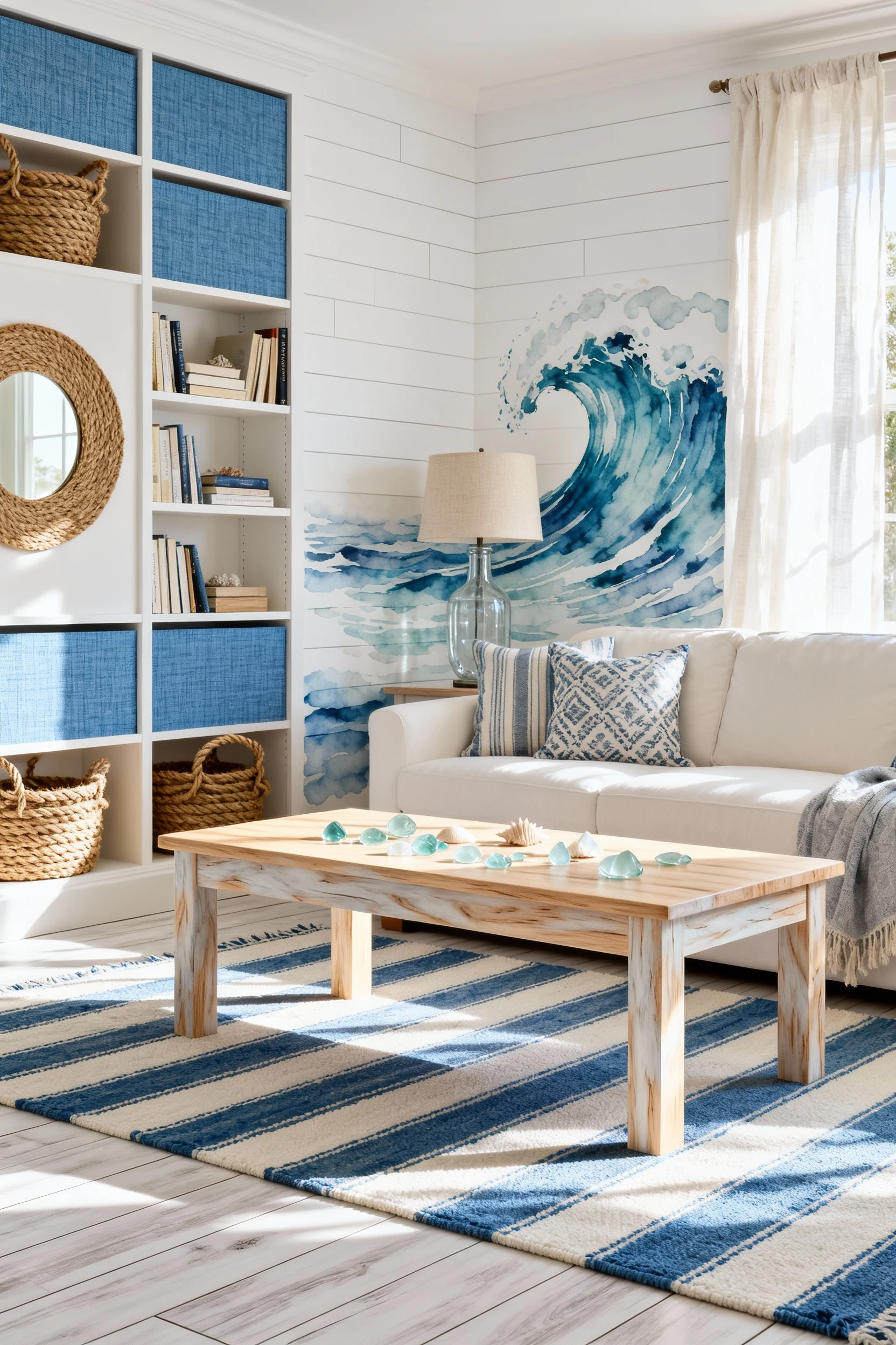 Photorealistic straight-on medium shot, Breezy Coastal Blue & White Cottage vignette: white shiplap peel-and-stick wall