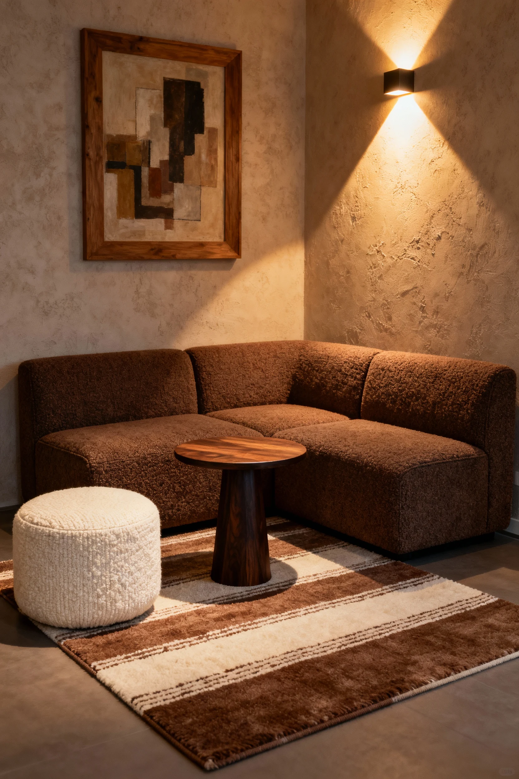 Photorealistic medium corner-angle micro-lounge: compact mocha modular sofa framed by a small round pedestal table and a