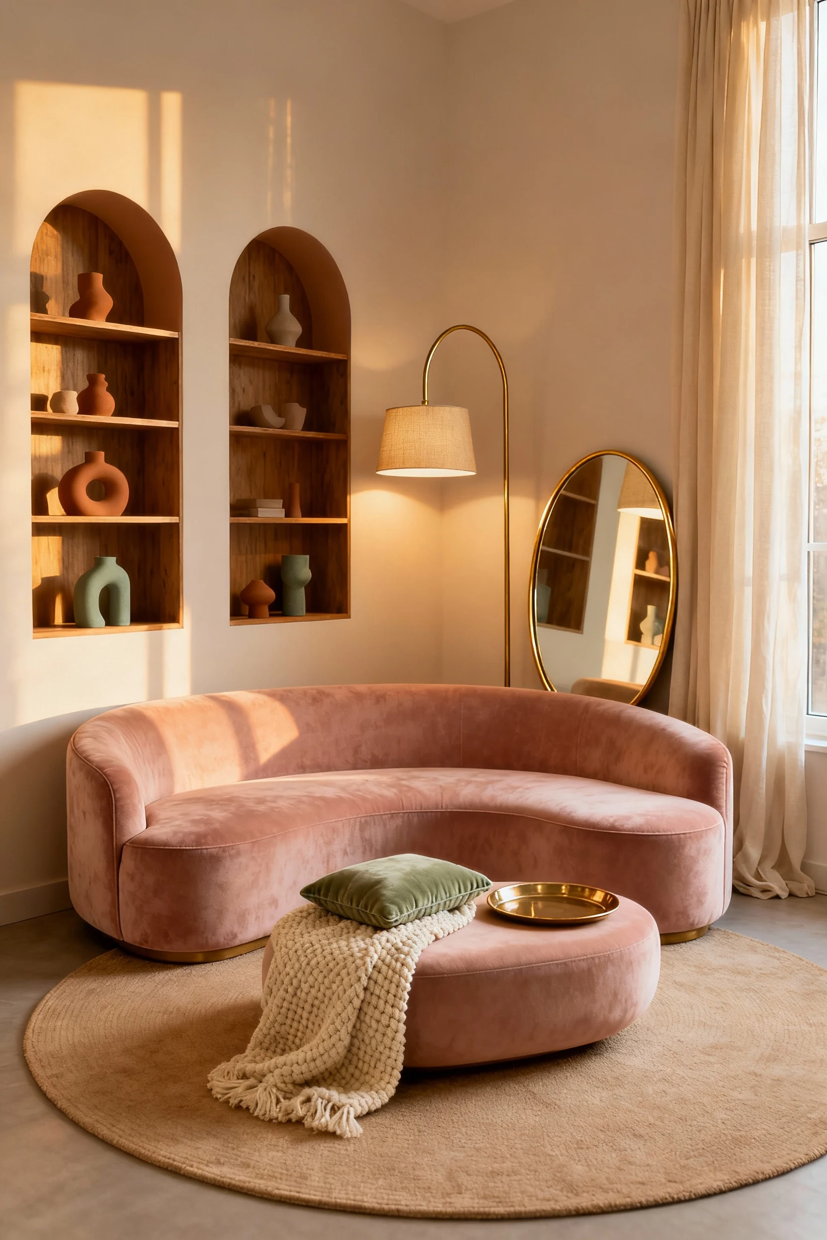 2. Medium straight-on shot, photorealistic, no people: compact curved sectional tucked in a corner on a round sand-color