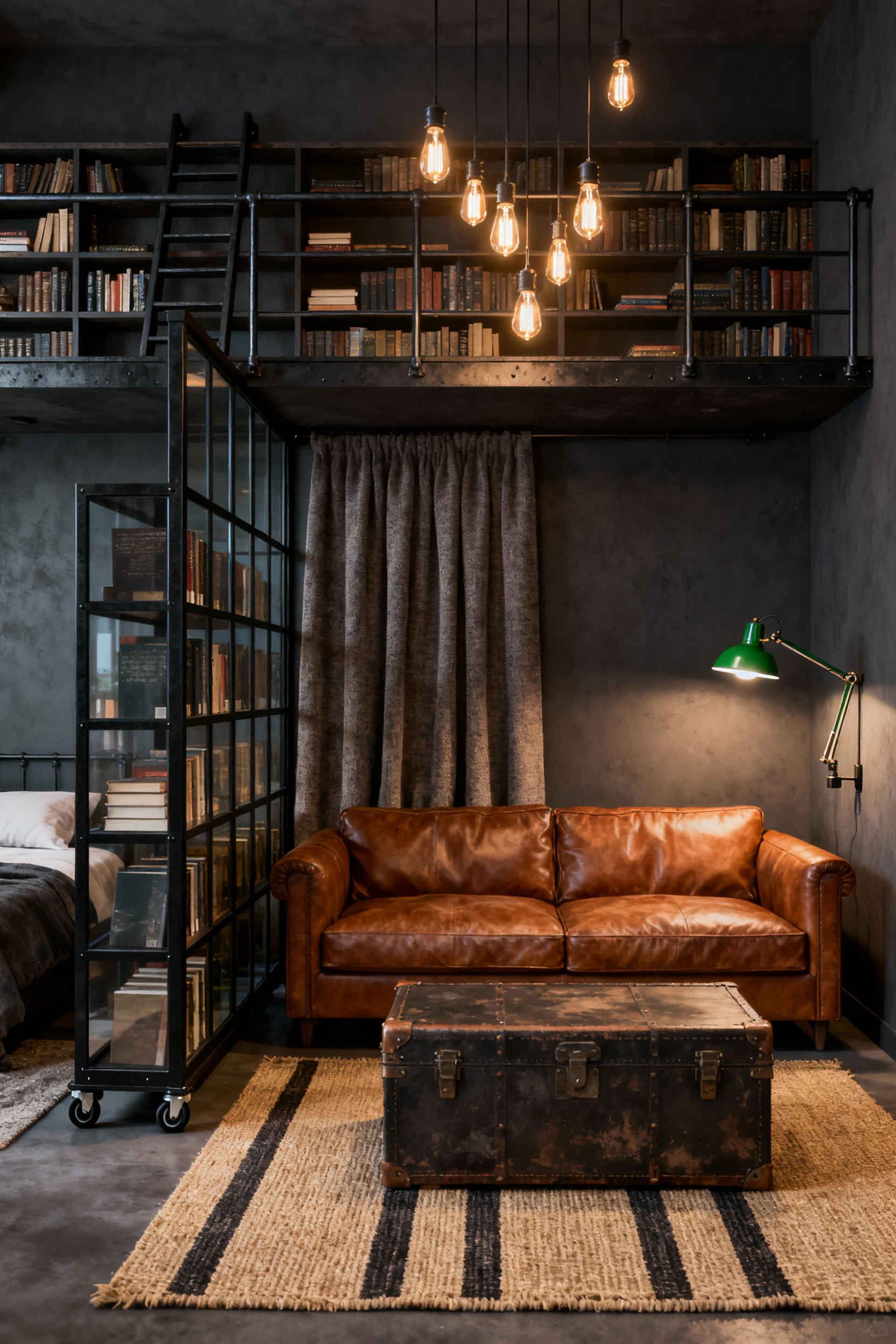 Medium straight-on shot of an industrial library nook: soft charcoal walls, a tobacco/cognac leather sofa facing a trunk