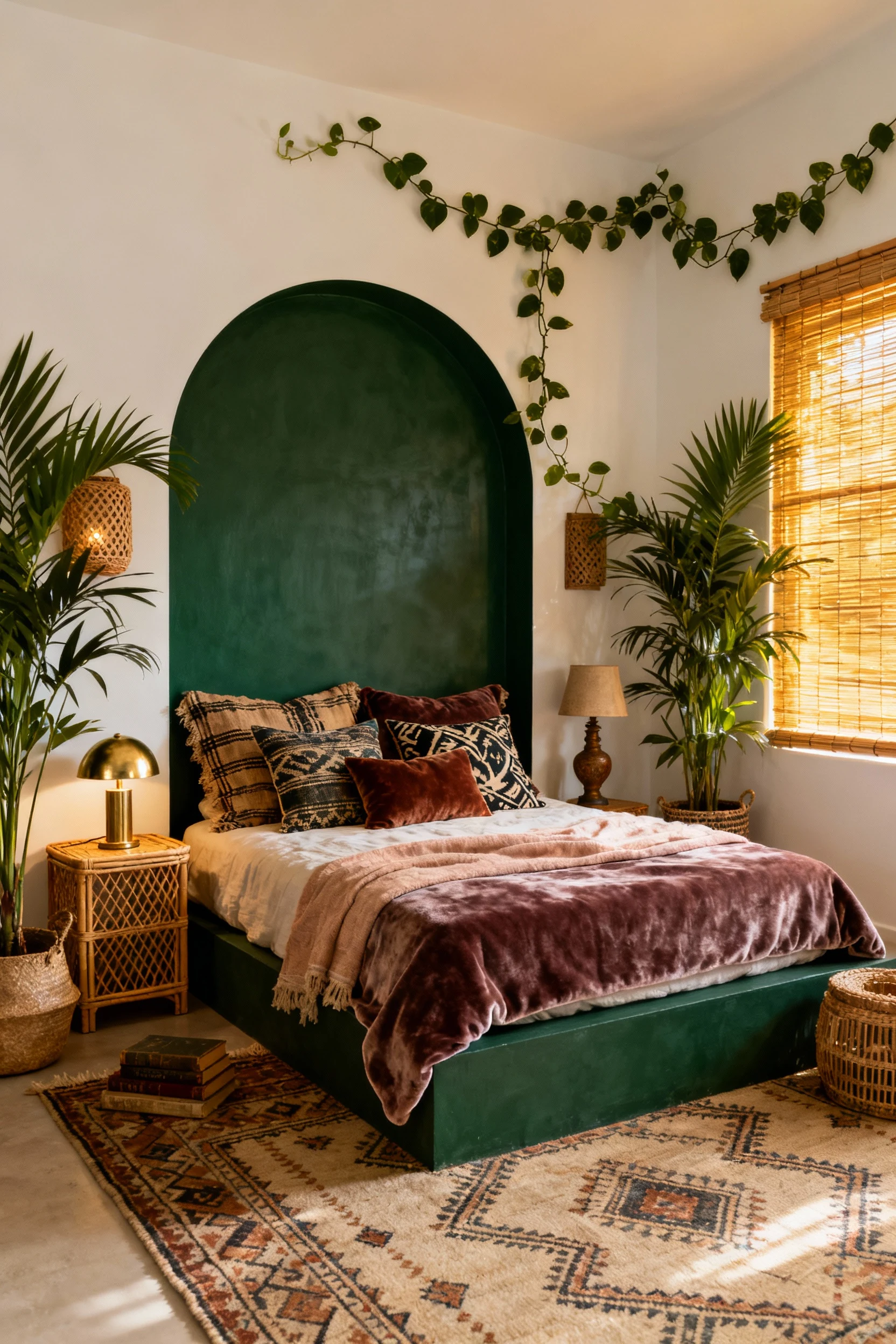 2. Straight-on medium shot of an Emerald Jungle bedroom with warm white walls and a deep emerald painted arch as headboa