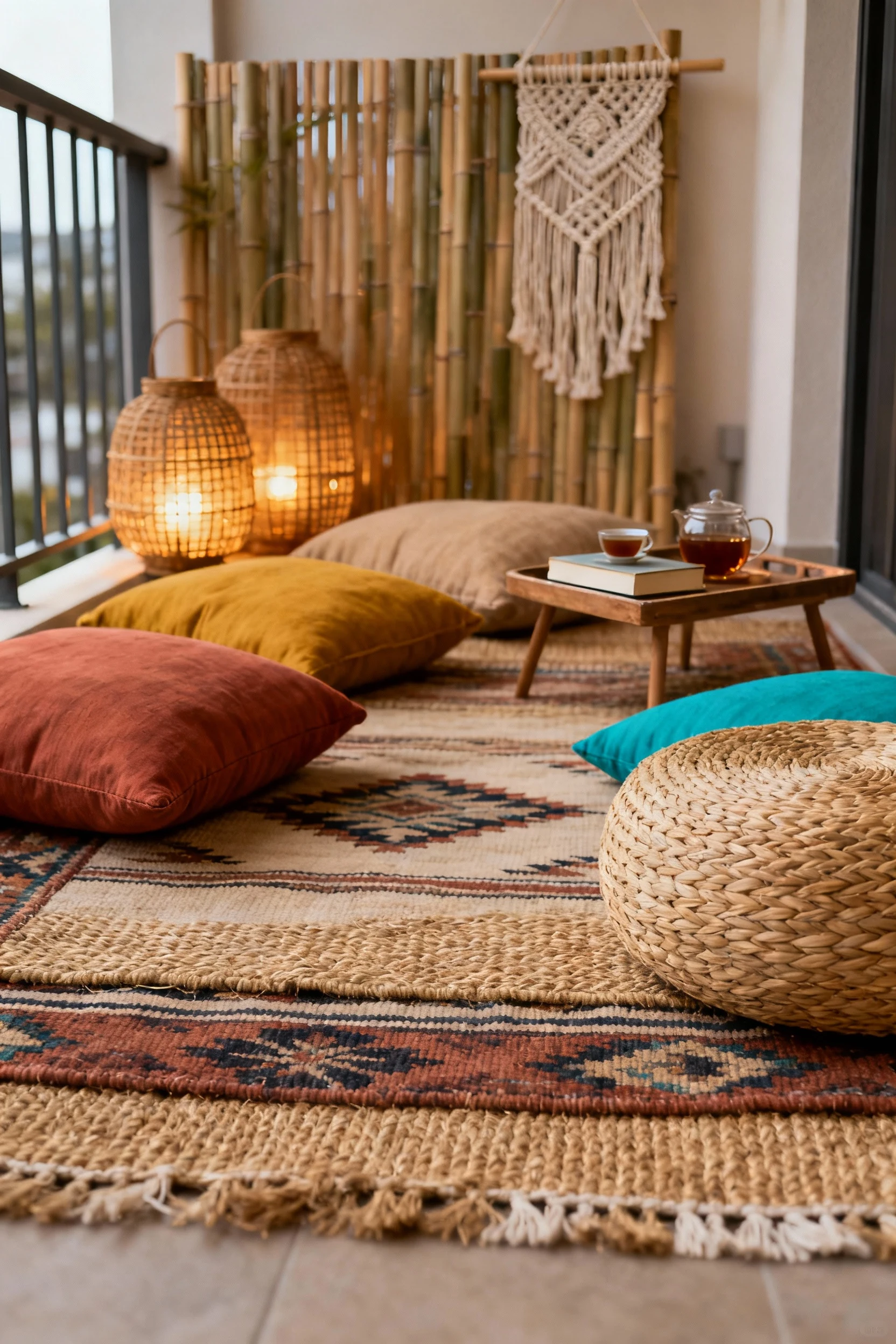 2. Photorealistic detail close-up at floor level of a boho balcony lounge: layered jute and kilim rugs showing rich weav