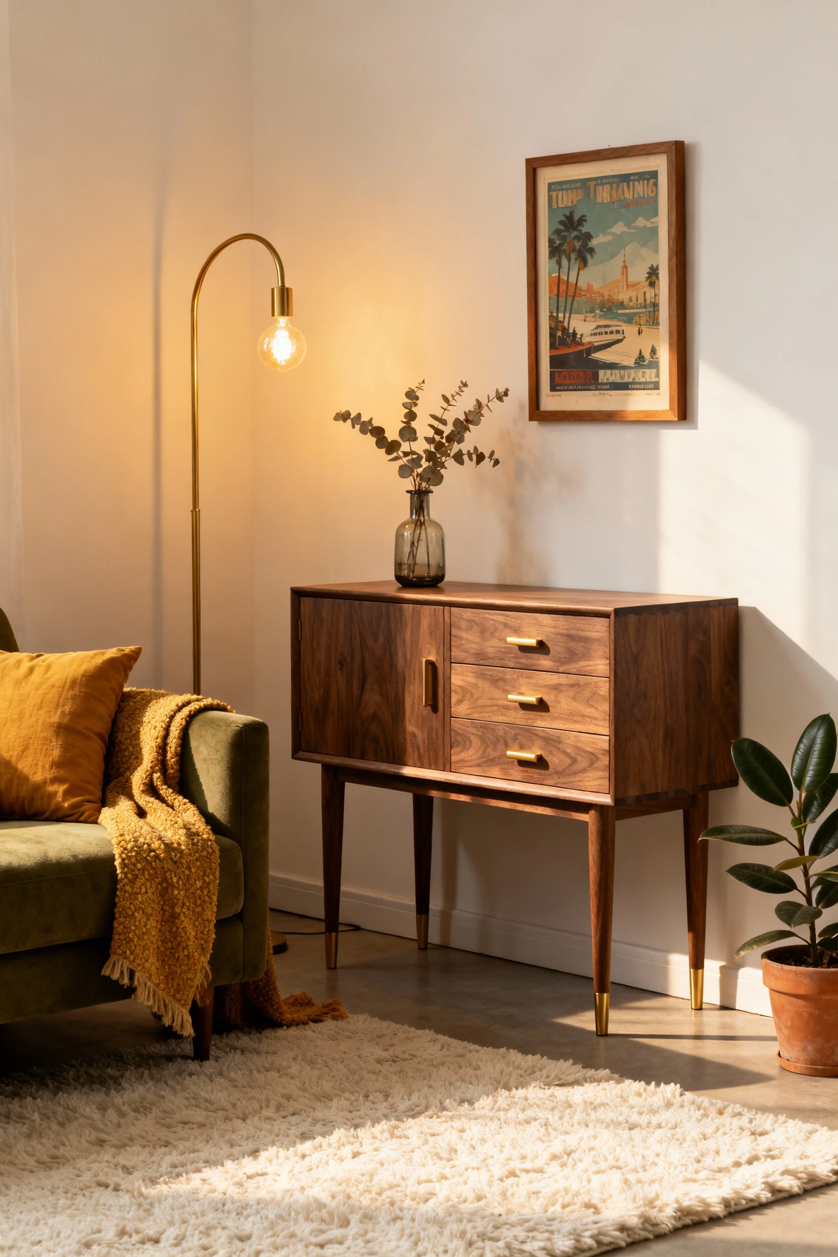 Photorealistic medium corner shot of a warm walnut mid-century lounge: walnut tapered-leg media credenza against a soft 