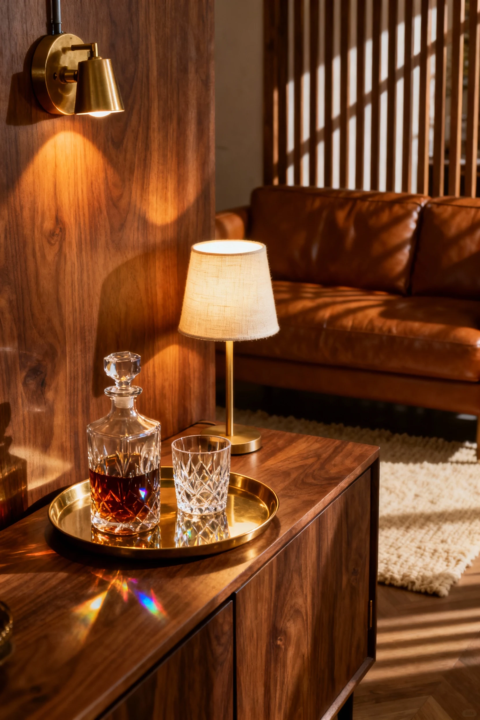 Detail closeup of a walnut sideboard vignette: brass tray with a decanter and two cut-crystal glasses, small linen-shade