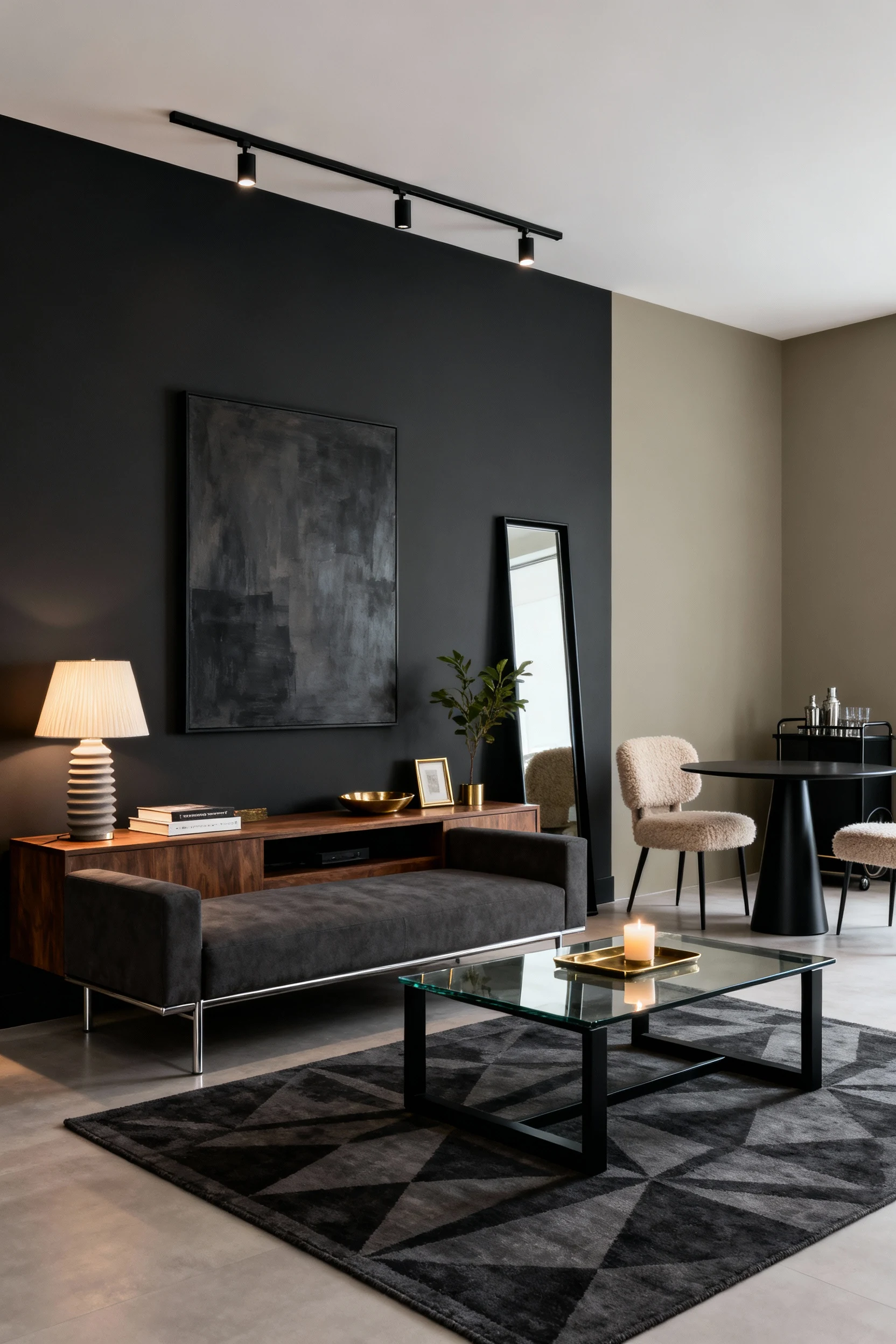 Medium, straight-on photorealistic scene of a Moody Modern Minimalist lounge: charcoal accent wall with greige side wall