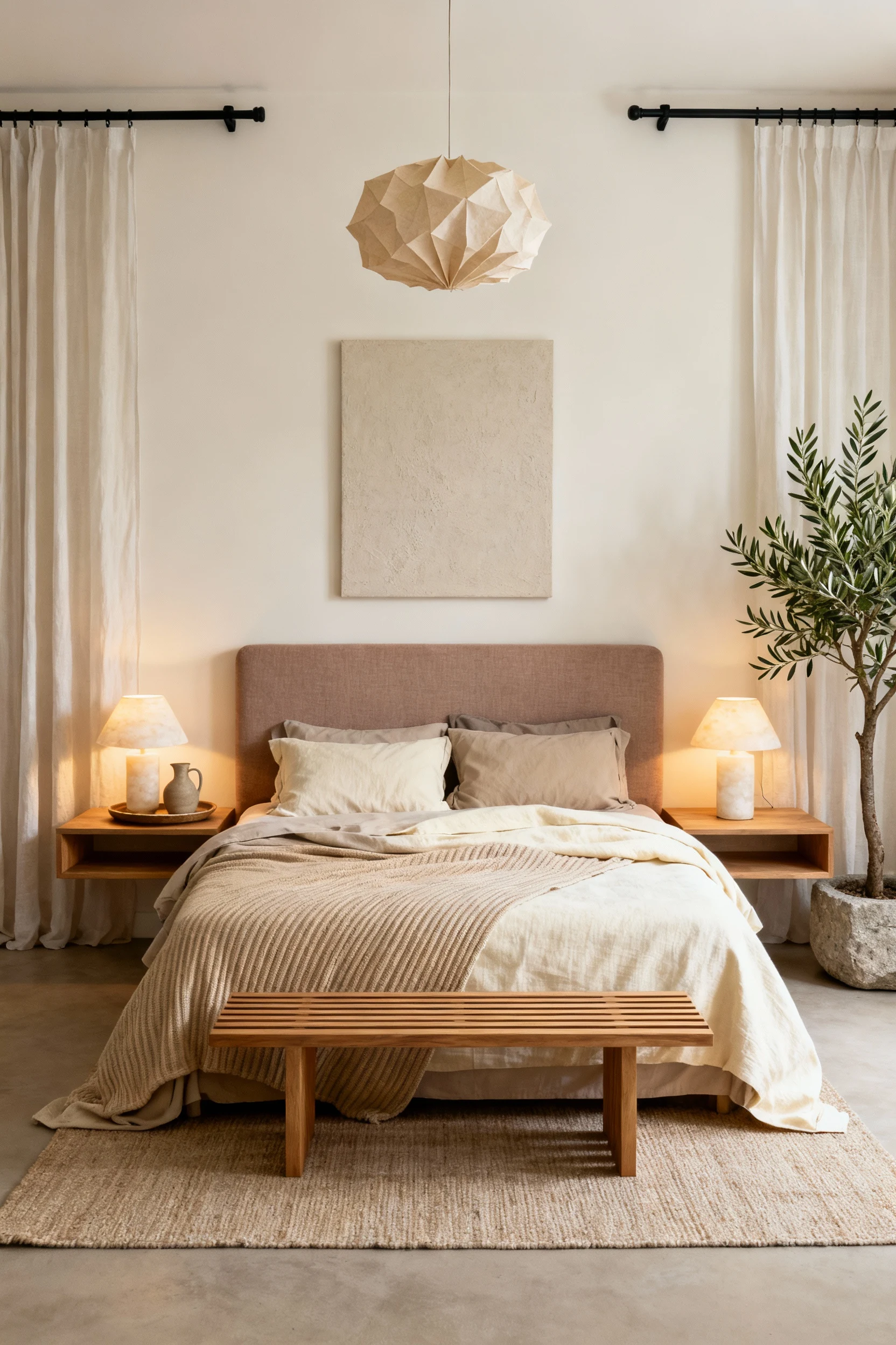 Medium, straight-on bedroom scene with soft ivory walls and a linen-upholstered headboard in mushroom/taupe; bed layered
