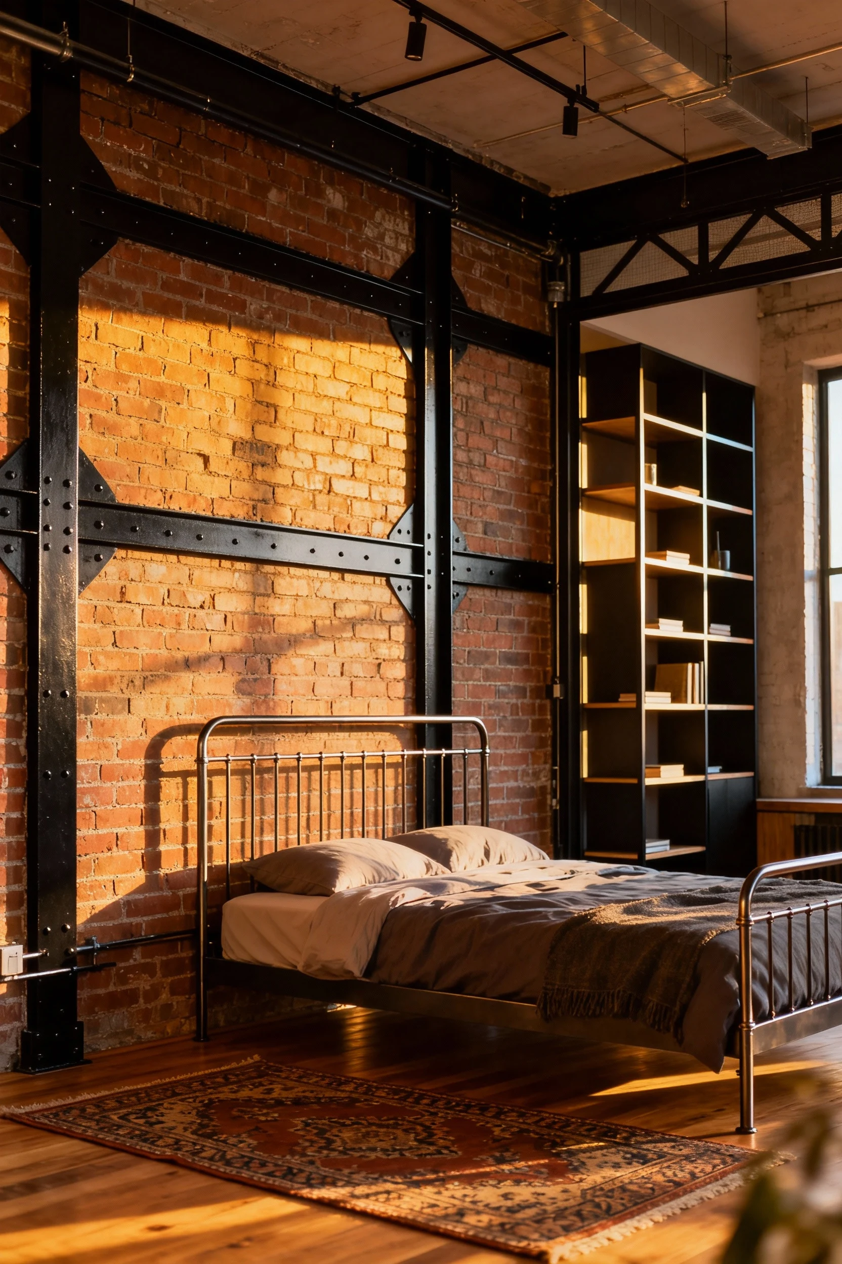 Photorealistic medium corner-angle shot of an urban loft-style studio with exposed brick and black metal accents, a meta