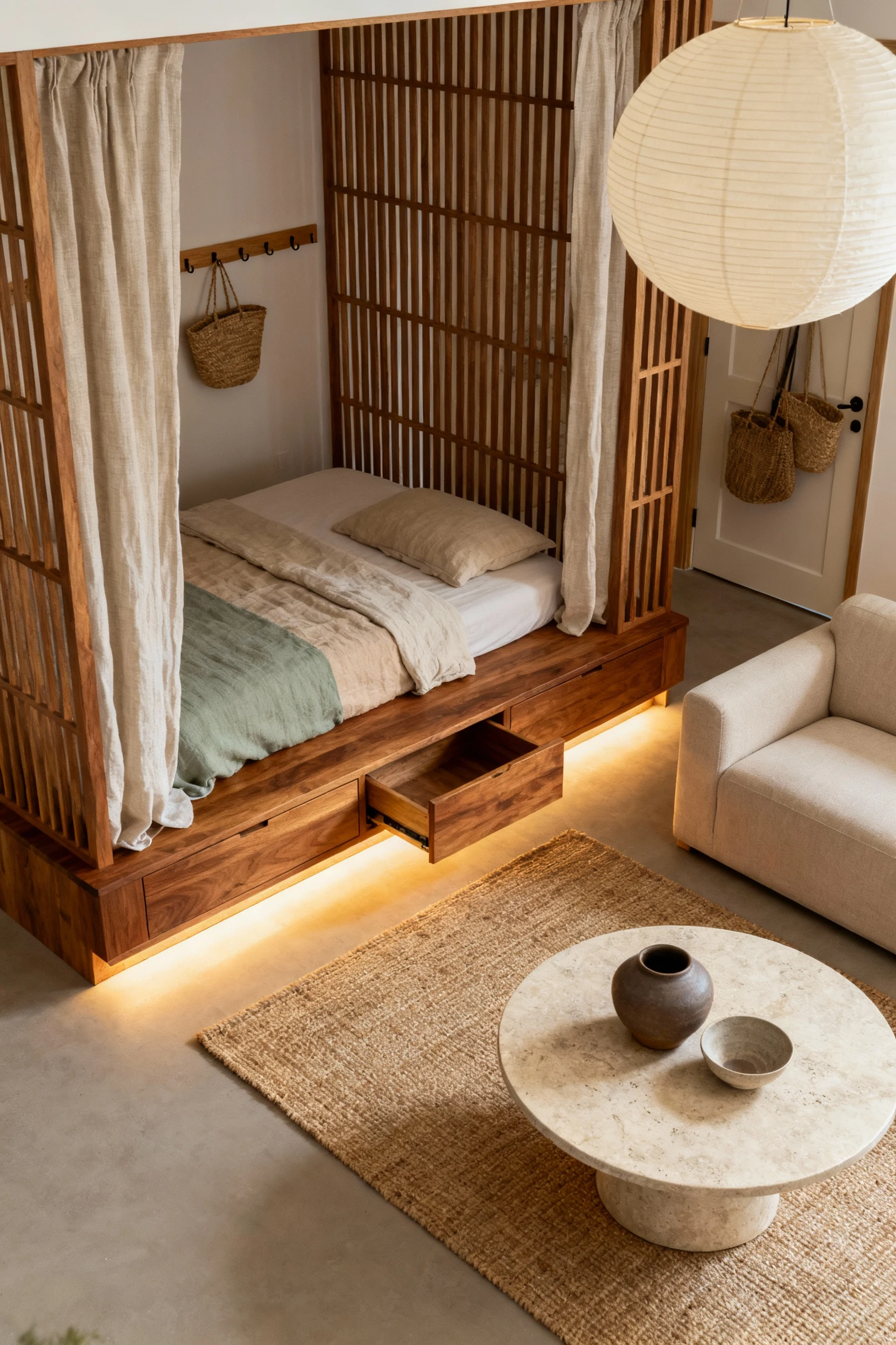 2. Photorealistic three-quarter overhead detail of a Japandi retreat: an oiled-oak raised platform bed with built-in dra