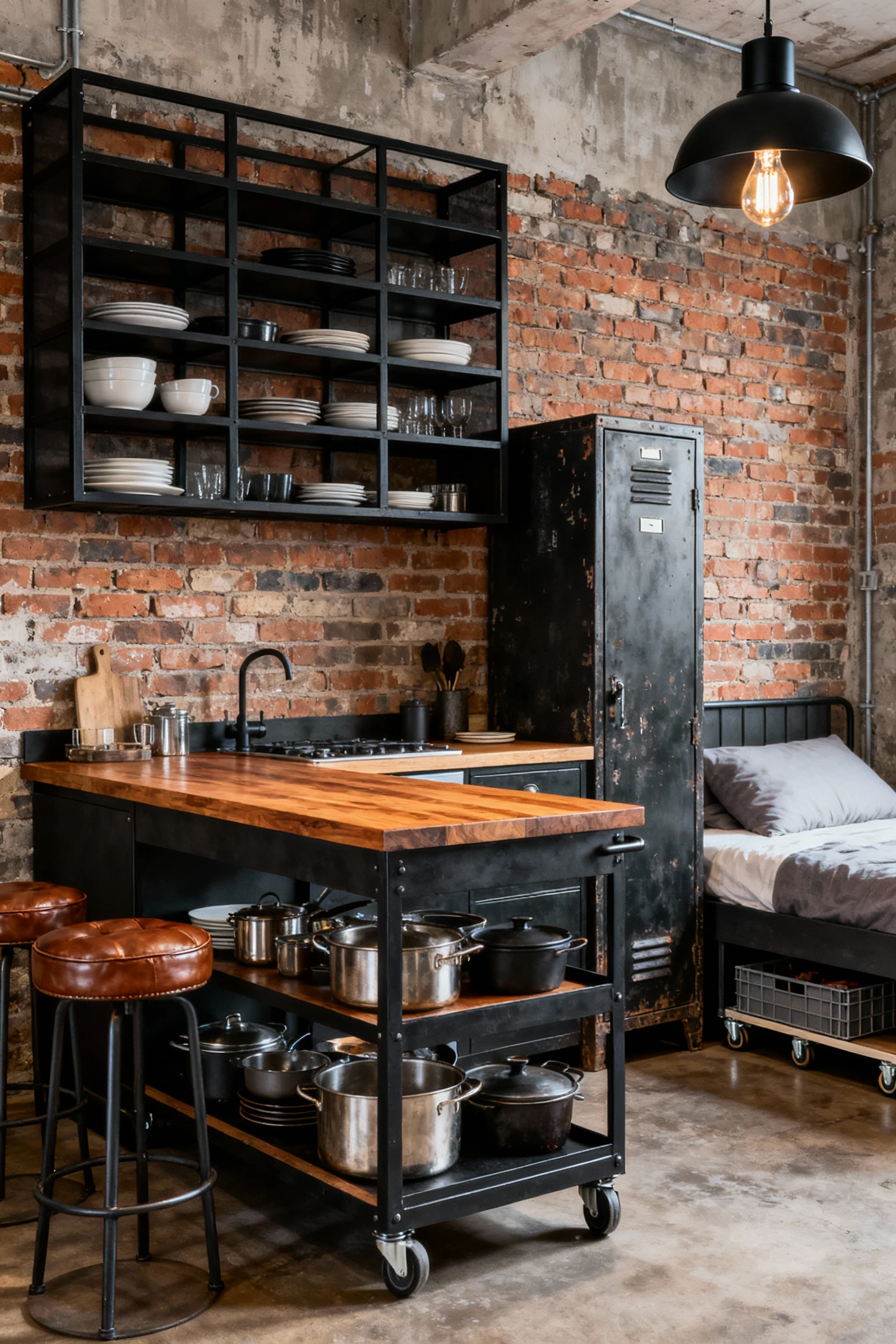 Straight-on medium shot of an urban industrial kitchen nook: exposed brick backdrop, black metal open shelving displayin