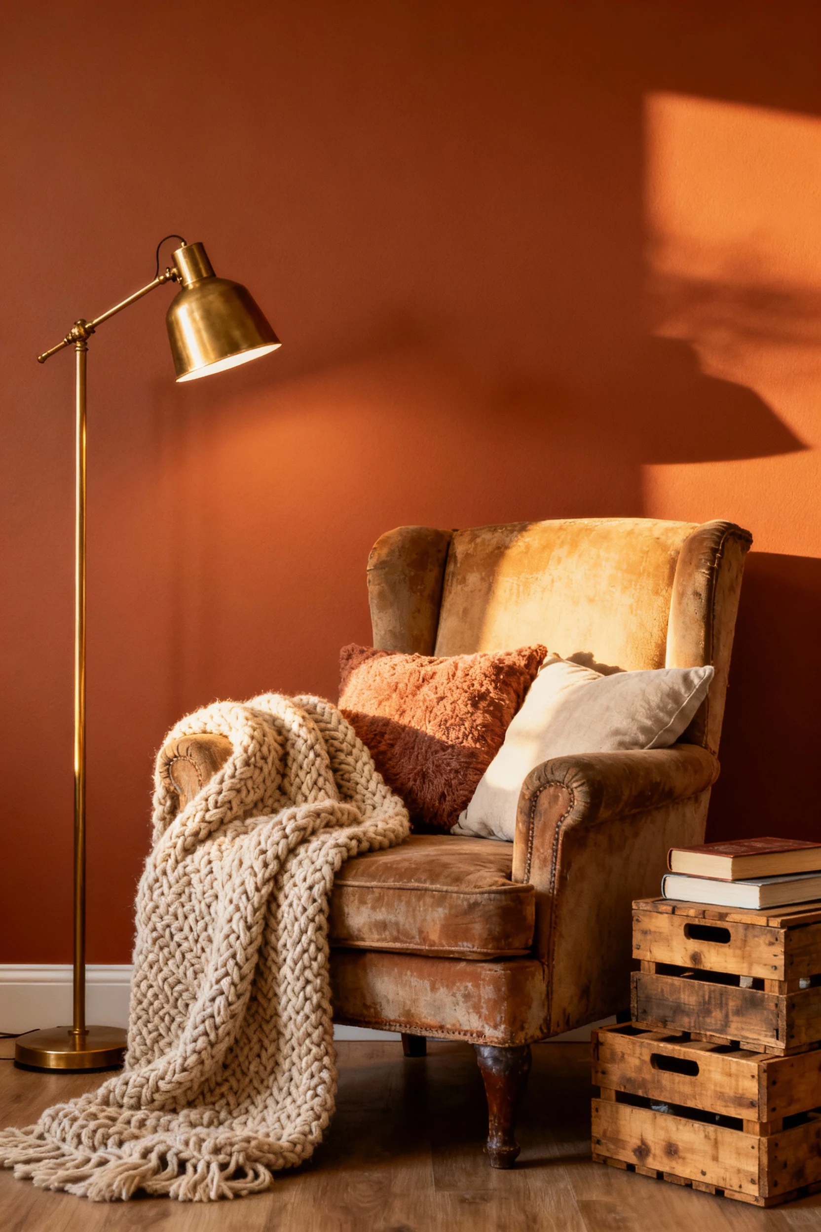 2. Medium straight-on view of a warm terracotta reading retreat: peel-and-stick terracotta accent wall, thrifted club ch