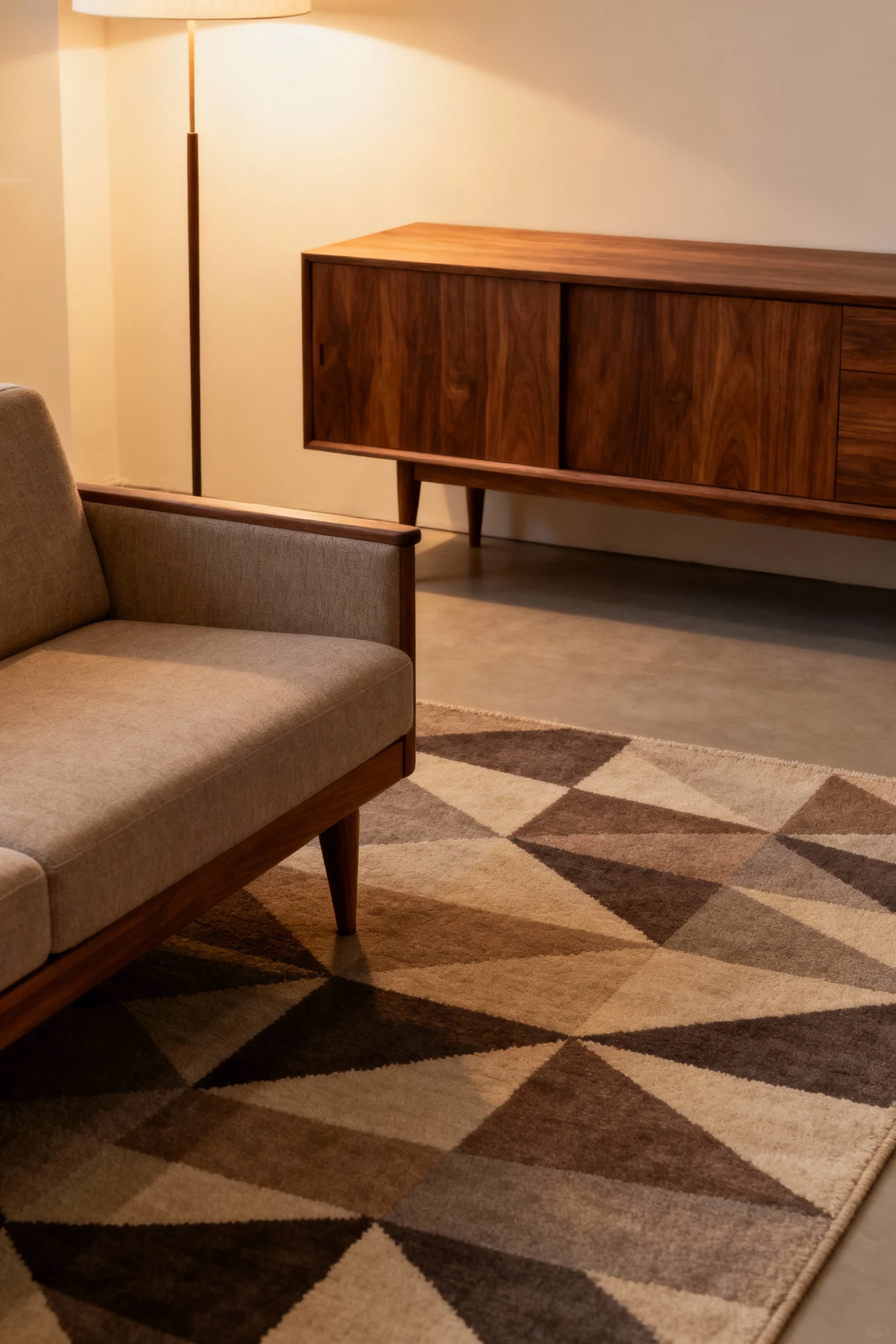 Medium view of a mid-century modern living room corner featuring a low-profile sofa with tapered wooden legs, a sleek wa