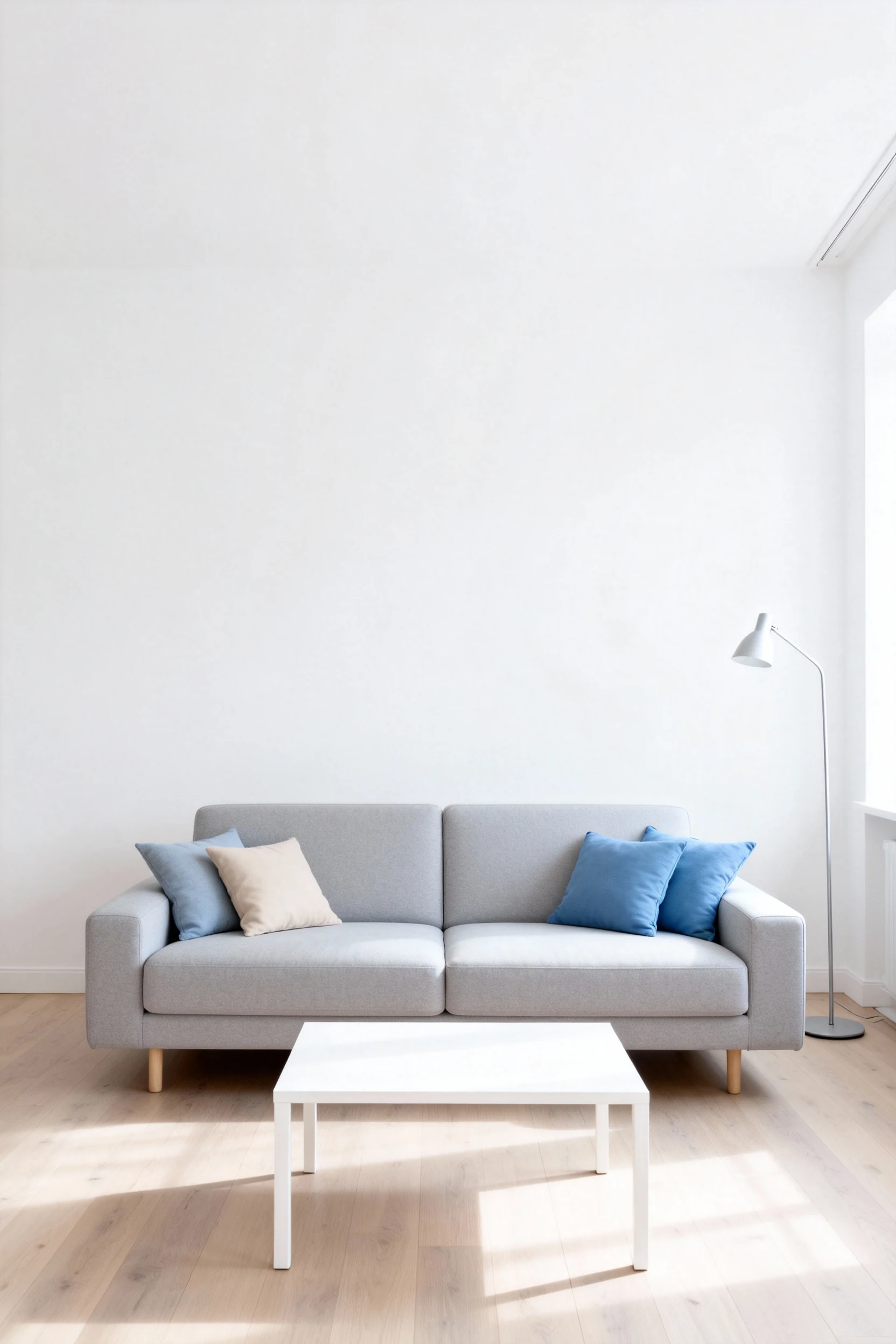 Straight-on medium shot of a minimal Scandinavian living room with crisp white walls, pale wood flooring, a light gray s