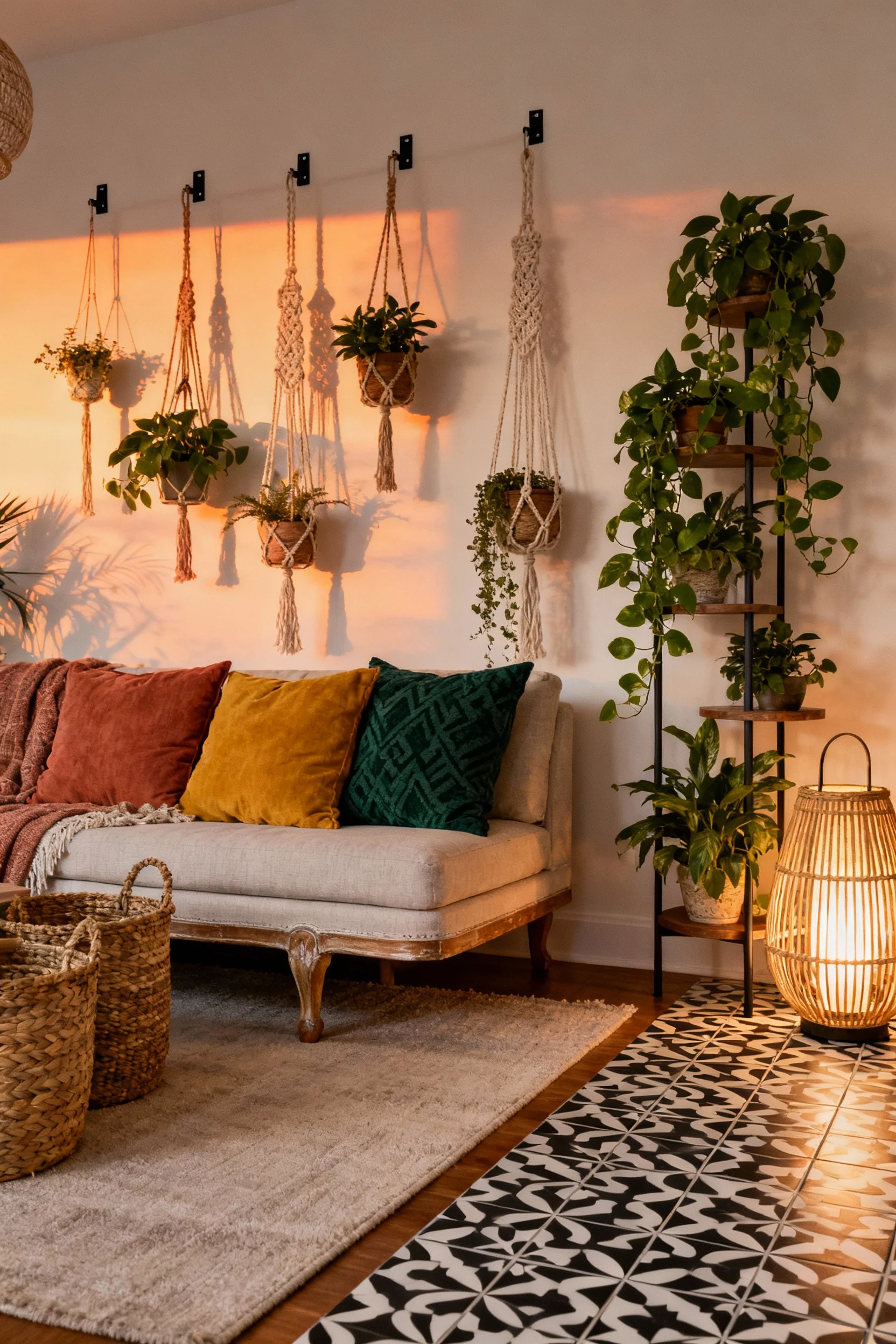 Medium shot of a boho-chic seating area featuring a low deep-seated sofa with vintage-style legs, layered throw pillows 