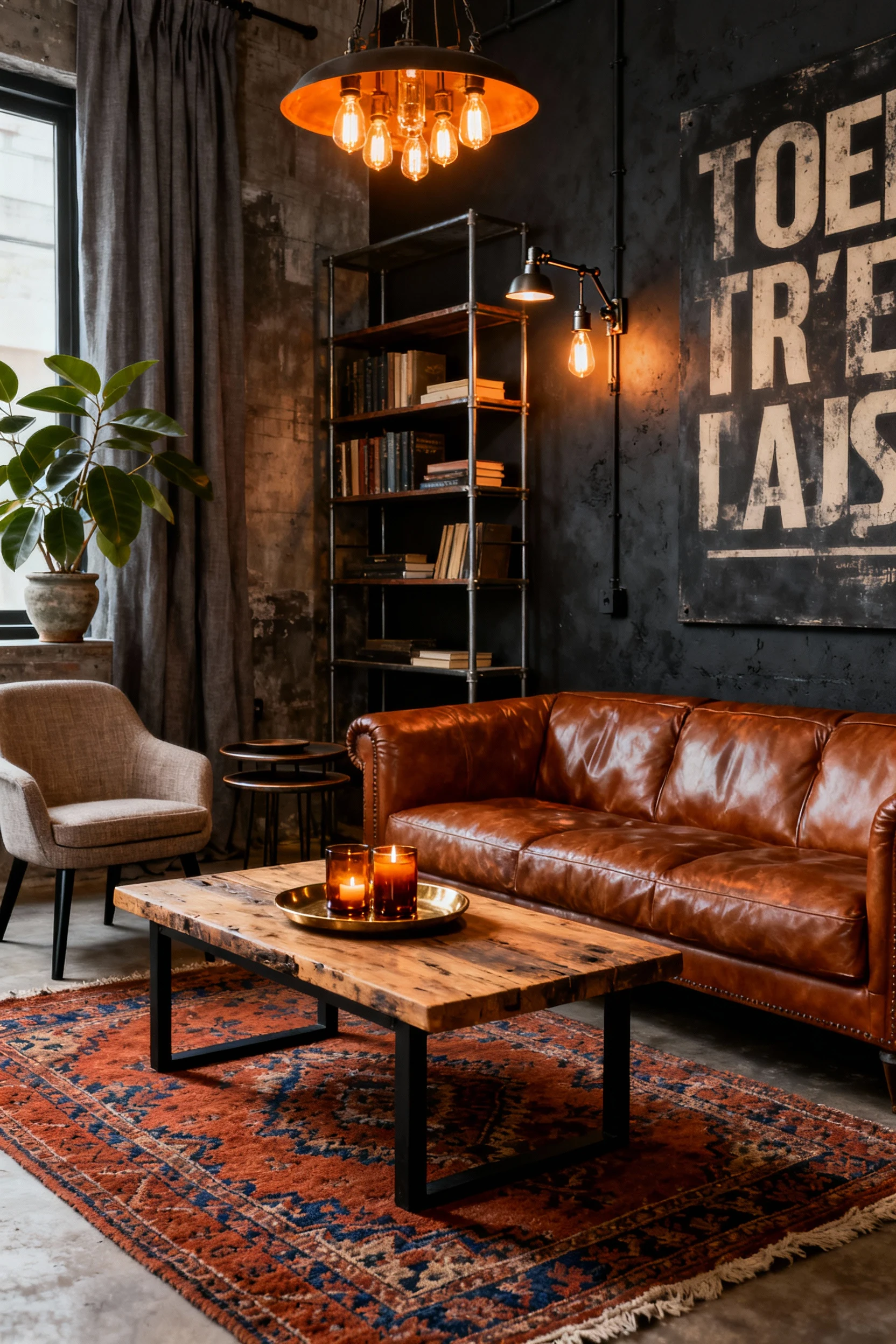 2. Medium, corner-angle shot of an urban industrial-warm living room: tobacco leather sofa on a vintage-style Persian ru