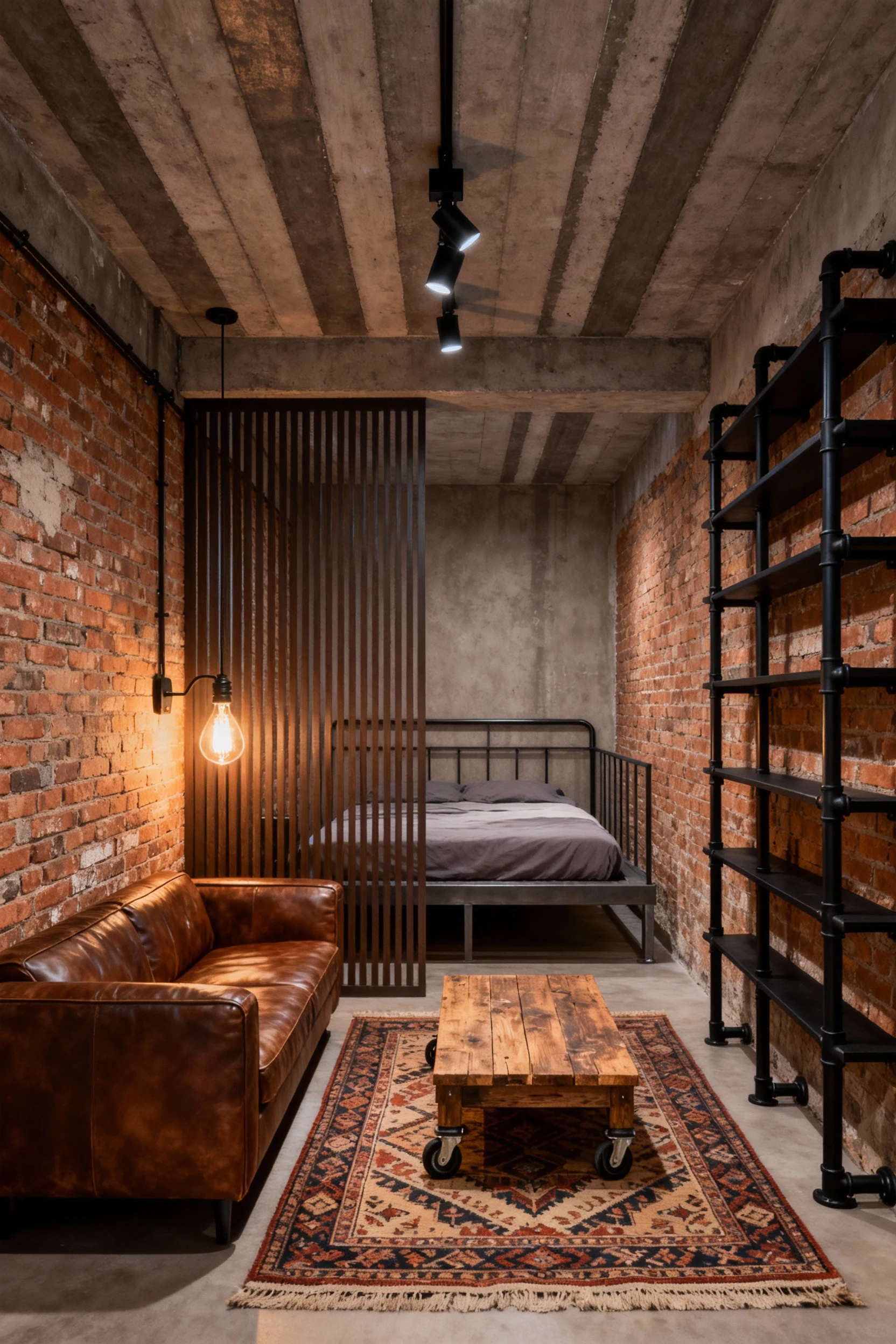 2. Wide straight-on view of an industrial micro-loft: exposed brick and a strip of concrete, black steel pipe shelving, 