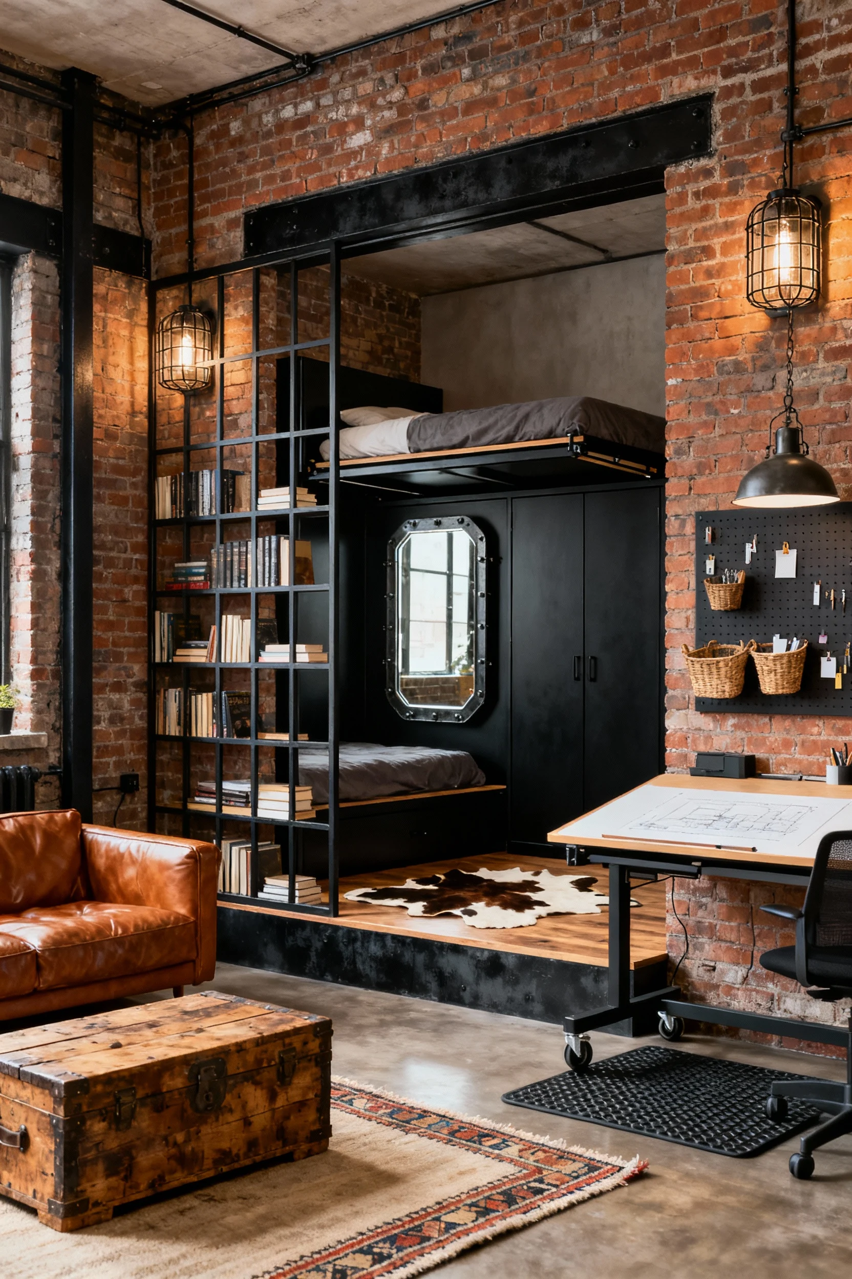 Photorealistic medium straight‑on view in an urban industrial studio: exposed brick, blackened metal, and warm wood; liv