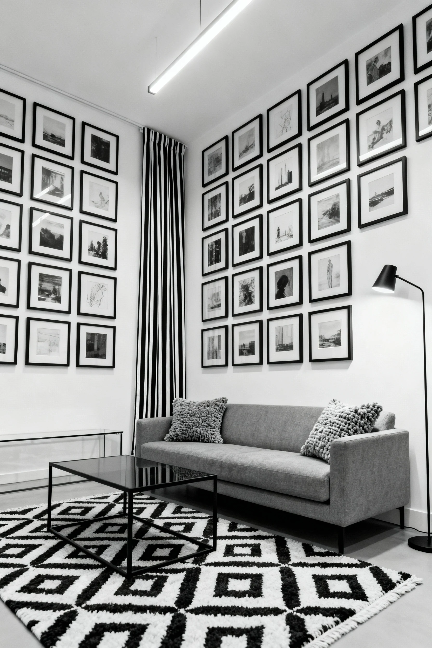 Photorealistic medium corner-angle shot: white walls featuring a tight grid of black-framed art drawing the eye upward,